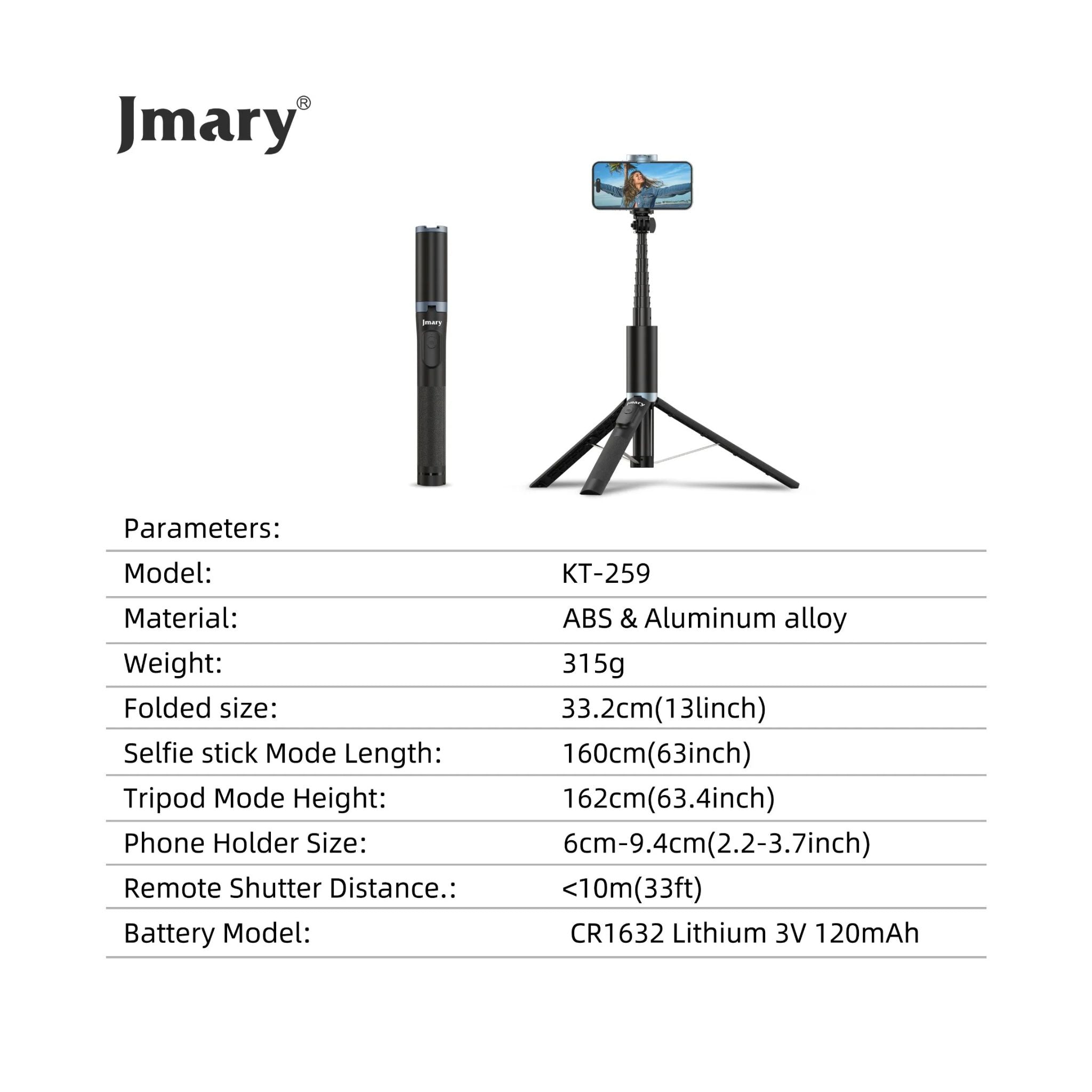 Jmary KT-259, 1.6Meter All-in-One Selfie Stick Tripod_Black