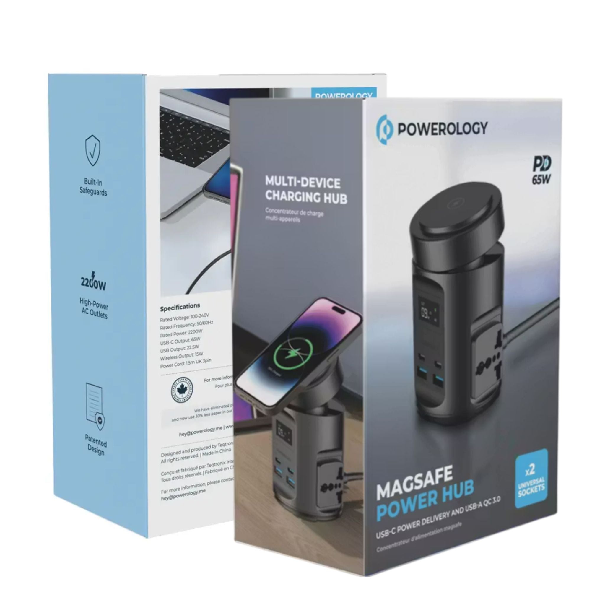 Powerology Magsafe Power Hub with UK Plug, PD 65W, USB-A QC 3.0, Built-in Safeguards, 15W Wireless Charging, 2200W Rated Power - Black