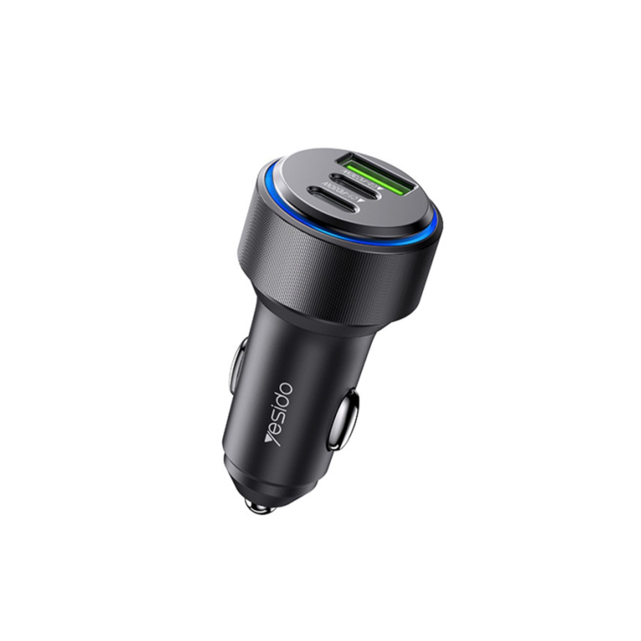 Car charger with dual USB ports on a white background