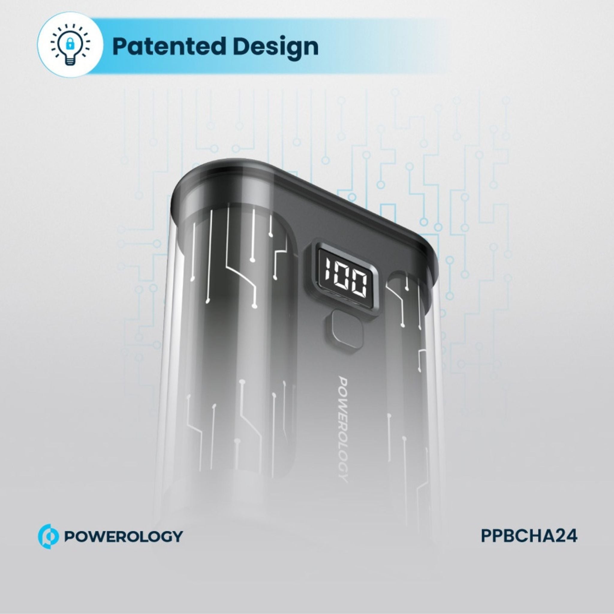 Powerology Crystalline Series Power Bank 10000mAh, 35W PD, Digital Display, USB C & USB-A Outputs, 35W USB-C Input, 35W PD USB-C Output, 18W QC USB-A Output, 22.5W SCP, Portable, Transparent Design - Black