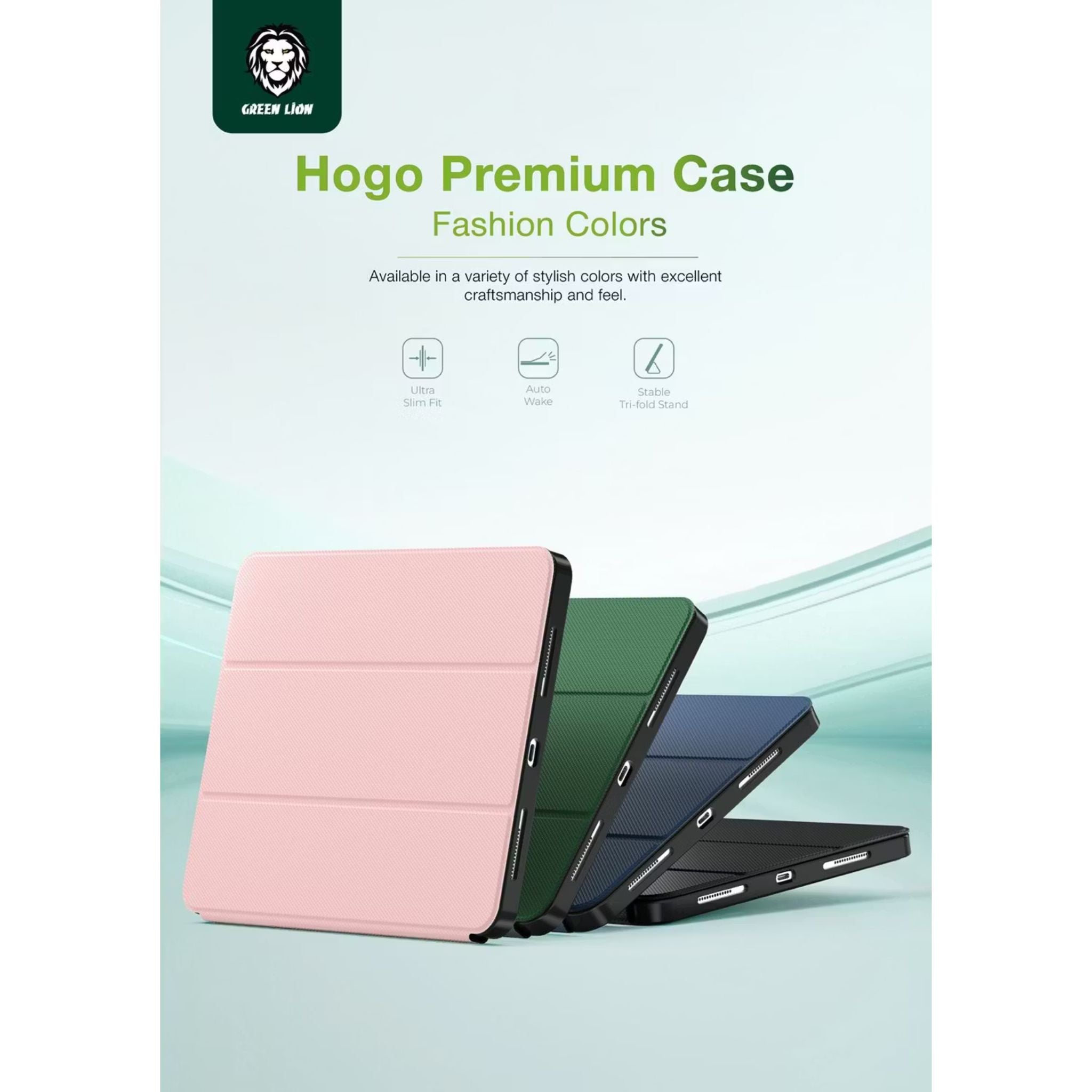 Green Lion Hogo Premium Case with Pencil Holder for iPad Pro 11", Ultra Slim Fit, Stable Tri-Fold Stand, Built-in Pencil Holder, Magnetic Smart Cover, Auto Sleep/Wake - Green