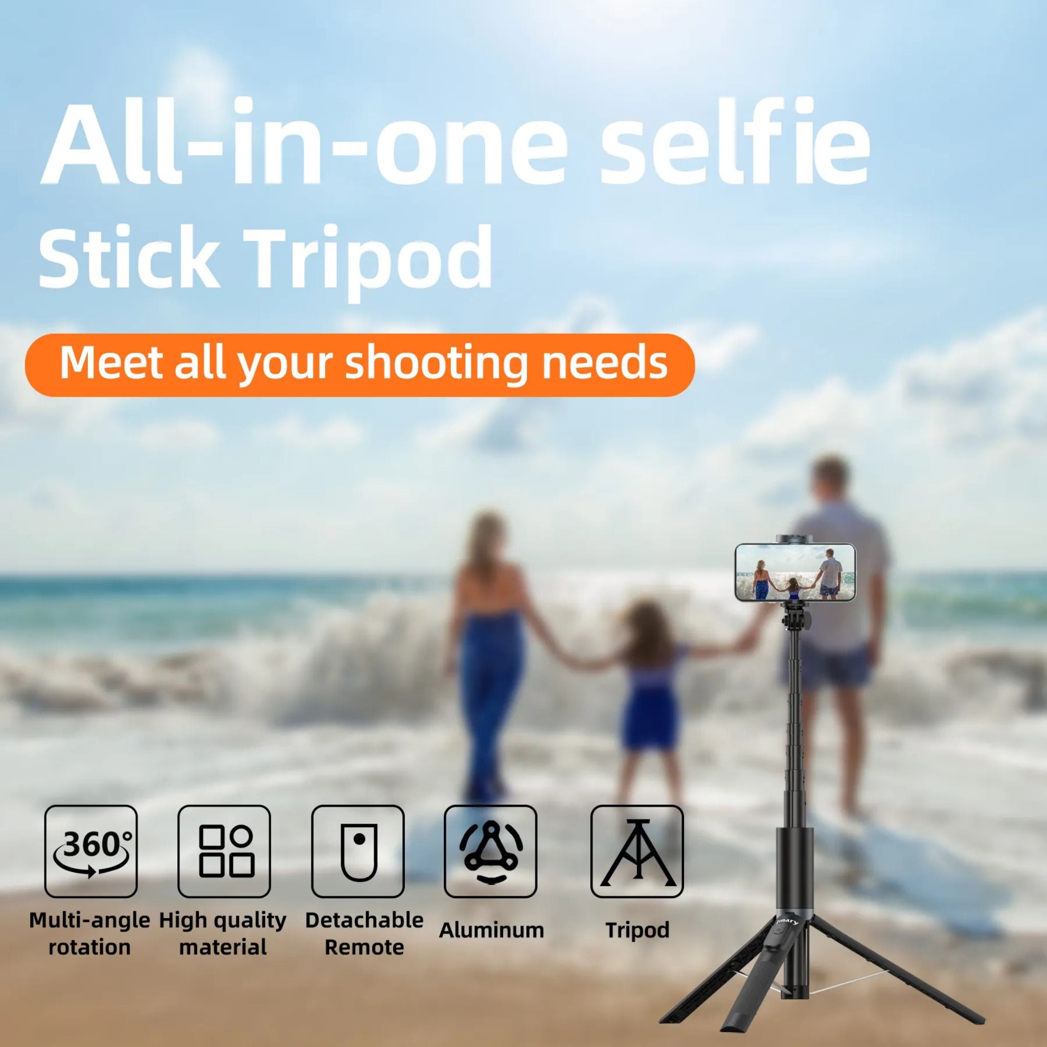 Jmary KT-259, 1.6Meter All-in-One Selfie Stick Tripod_Black