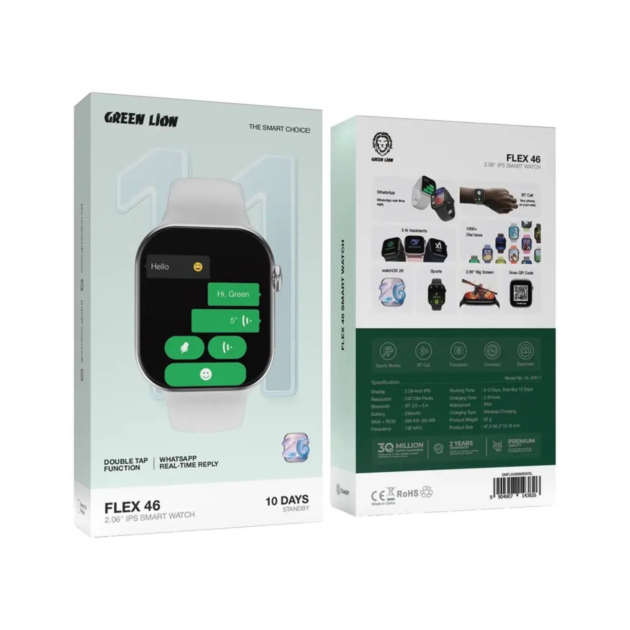 Green Lion Flex 46 Smart Watch with 2.06 Inch IPS Display, BT 3.0 + 5.4 Calling, Wireless Charging, WatchOS 26, 1000+ Dial Faces, WhatsApp Real-Time Reply, Sports Modes, AI Assistant & Up to 10 Days Standby- Silver