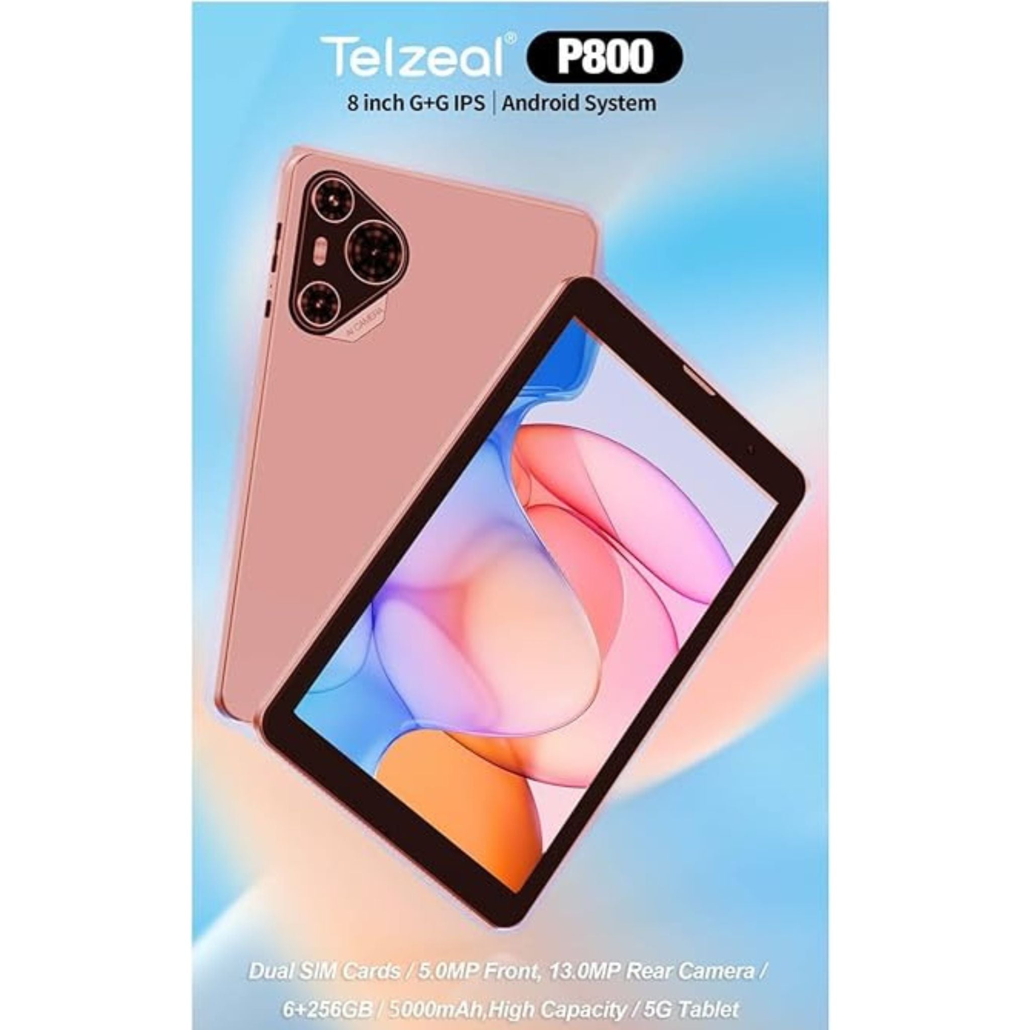Telzeal P800 Tablet 8 Inch Android 12 Tablet with Dual SIM 6GB RAM 256GB ROM 5G WiFi 5000mAh Battery and Wireless Keyboard-Pink