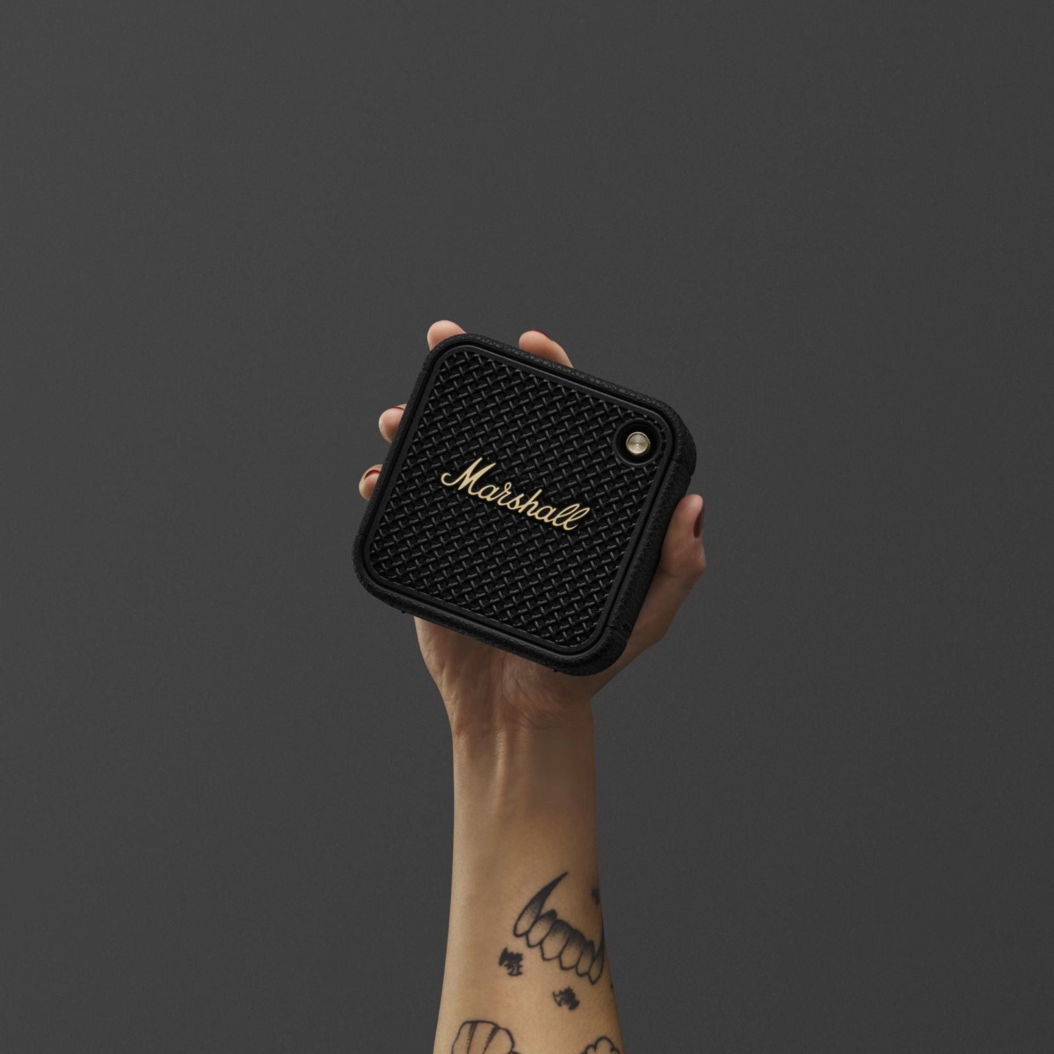 Marshall Willen II Compact Portable Wireless Speaker with Bluetooth Version 5.3, Water Resistant, Fast Charging, 17 Hours Play Time, 2.5 Hours Charging Time, Type-C Charging Port, Built-in Microphone, Lightweight Design - Black / Brass