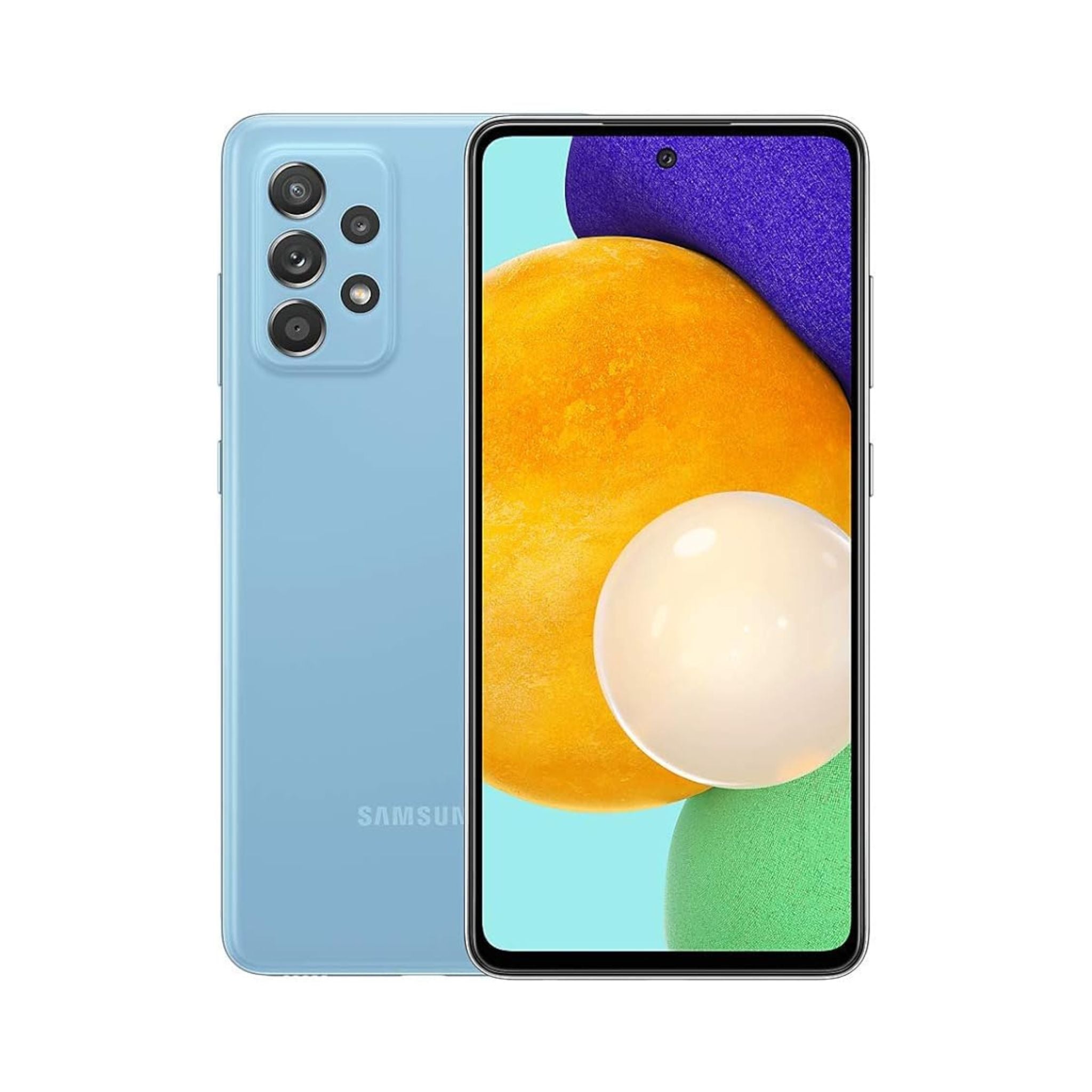 Samsung smartphone showing front and back on a white background