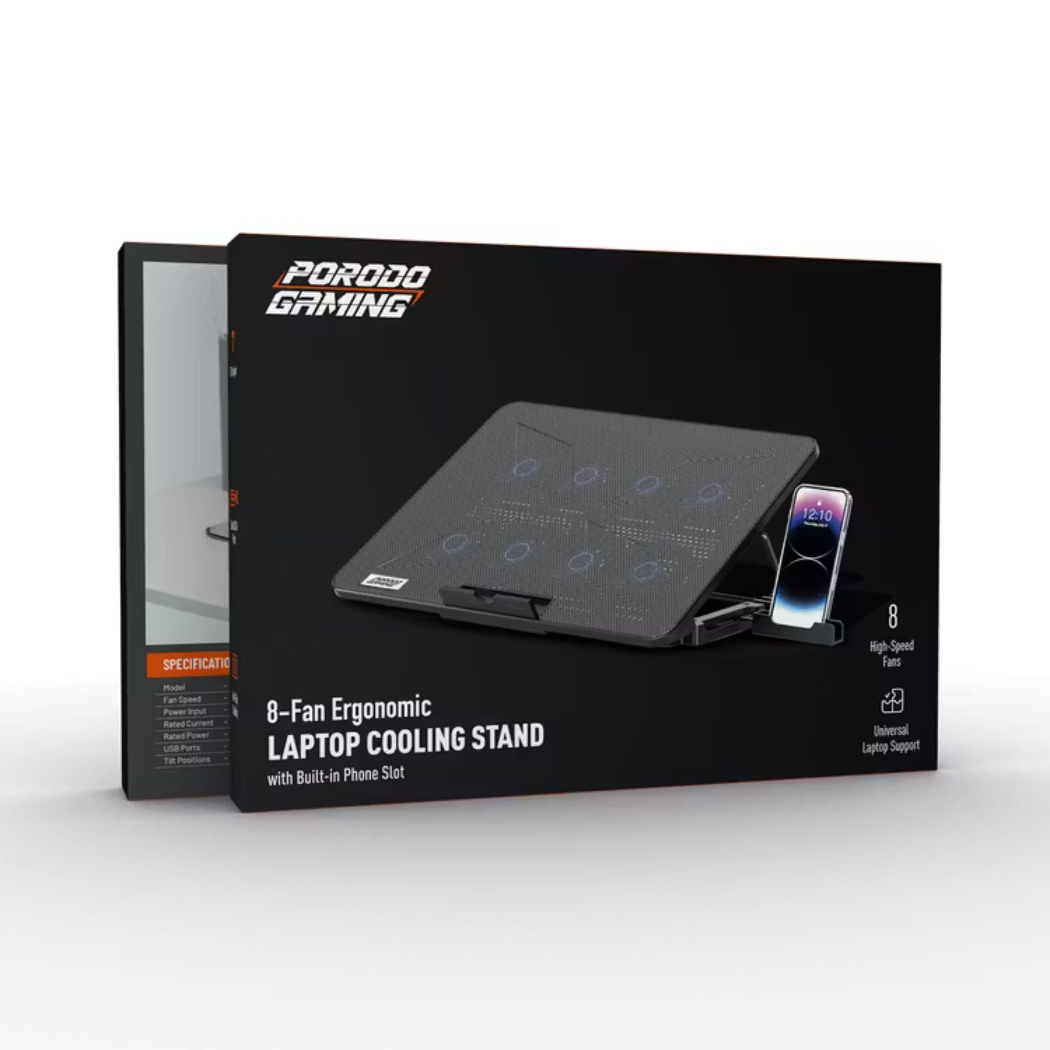 Porodo Gaming 8-Fan Ergonomic Laptop Cooling Stand with Built-in Phone Slot, Dual USB-A Ports, Compatible with Up to 16" Laptops, Anti-Slip Stability, 7 Tilt Angles - Black