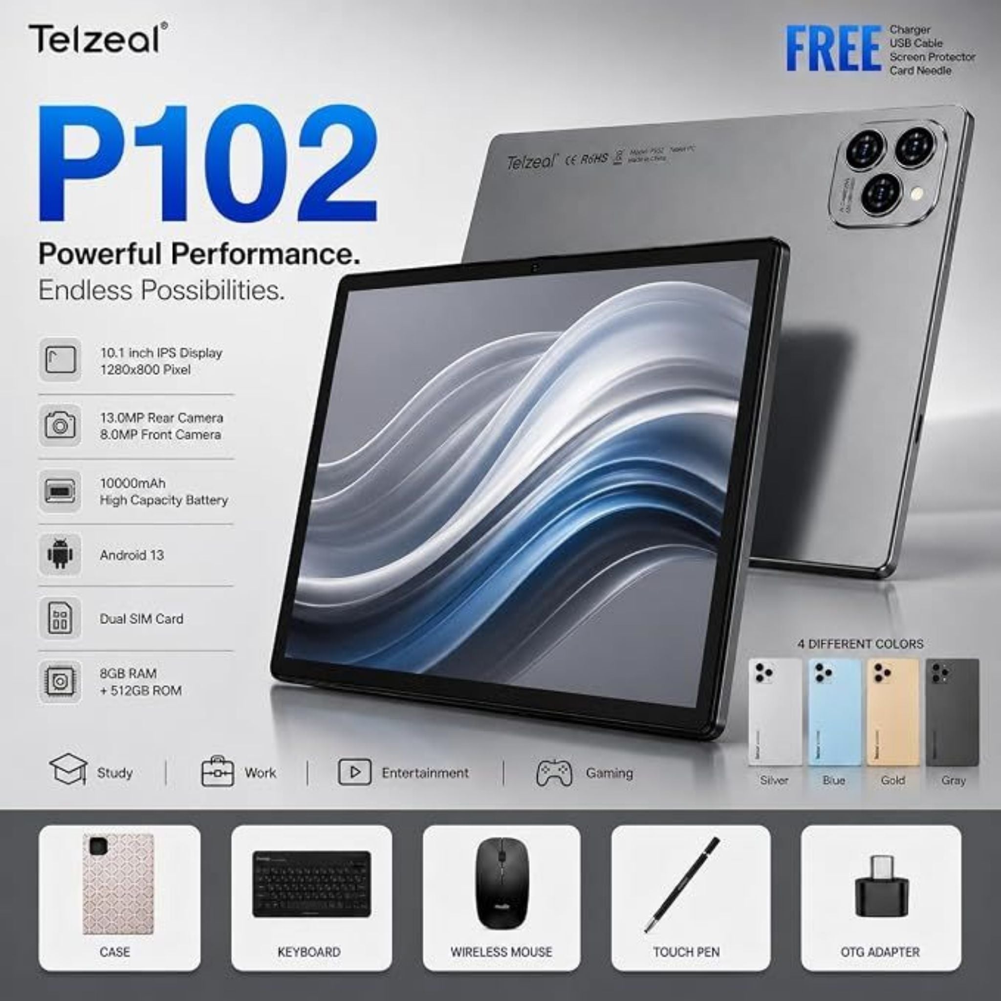 Telzeal P102 Tablet PC 10.1 Inch IPS HD Display, 8GB RAM 512GB Storage, Android 13, Dual SIM, 10000mAh Battery with Keyboard, Mouse & Touch Pen - Black