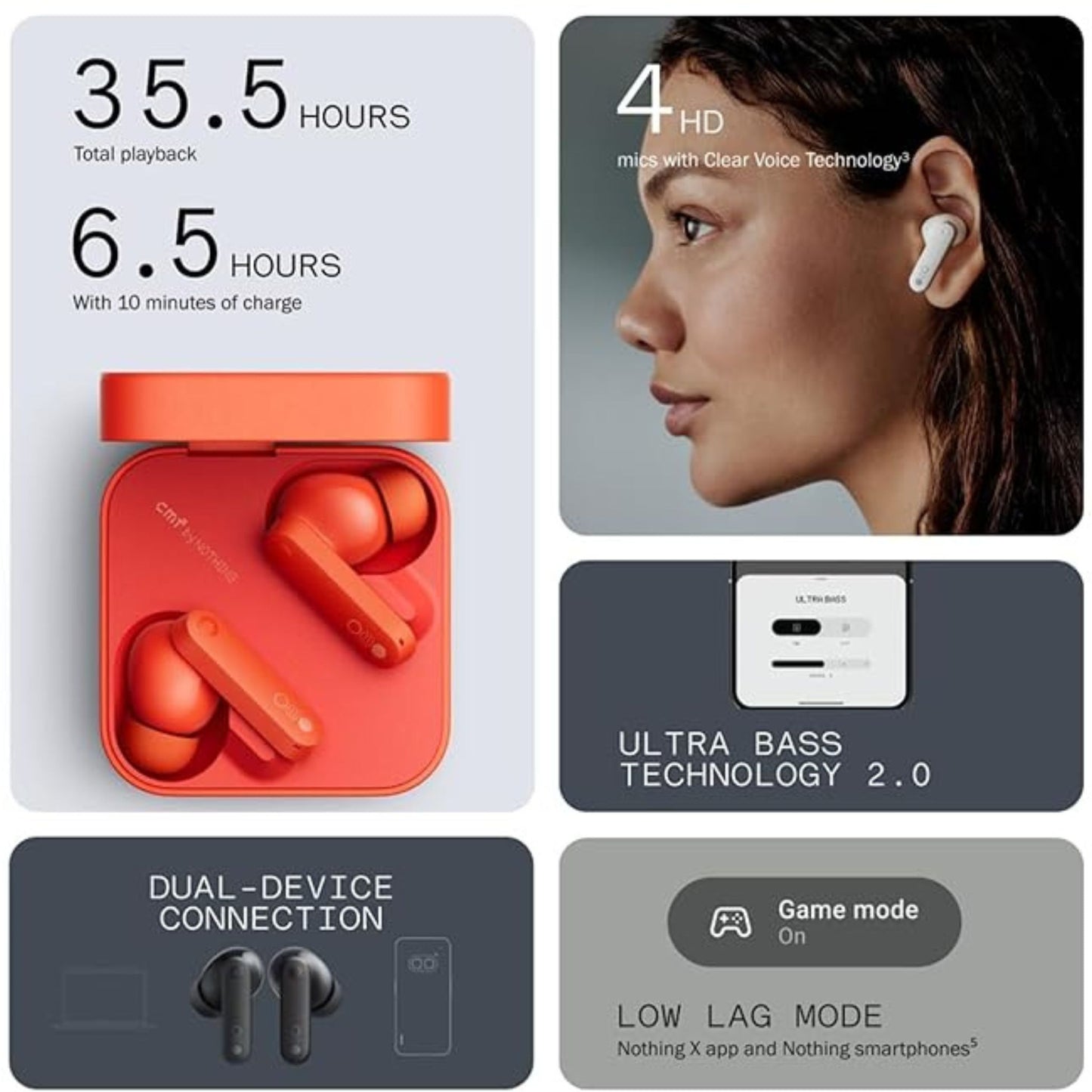 CMF BY NOTHING Buds Wireless Earbuds,42dB Active Noise Cancellation,35.5H Playtime IP54 Waterproof Earphones,Bluetooth 5.3 Dual-Device Connection in Ear Headphones for iPhone & Android_Orange