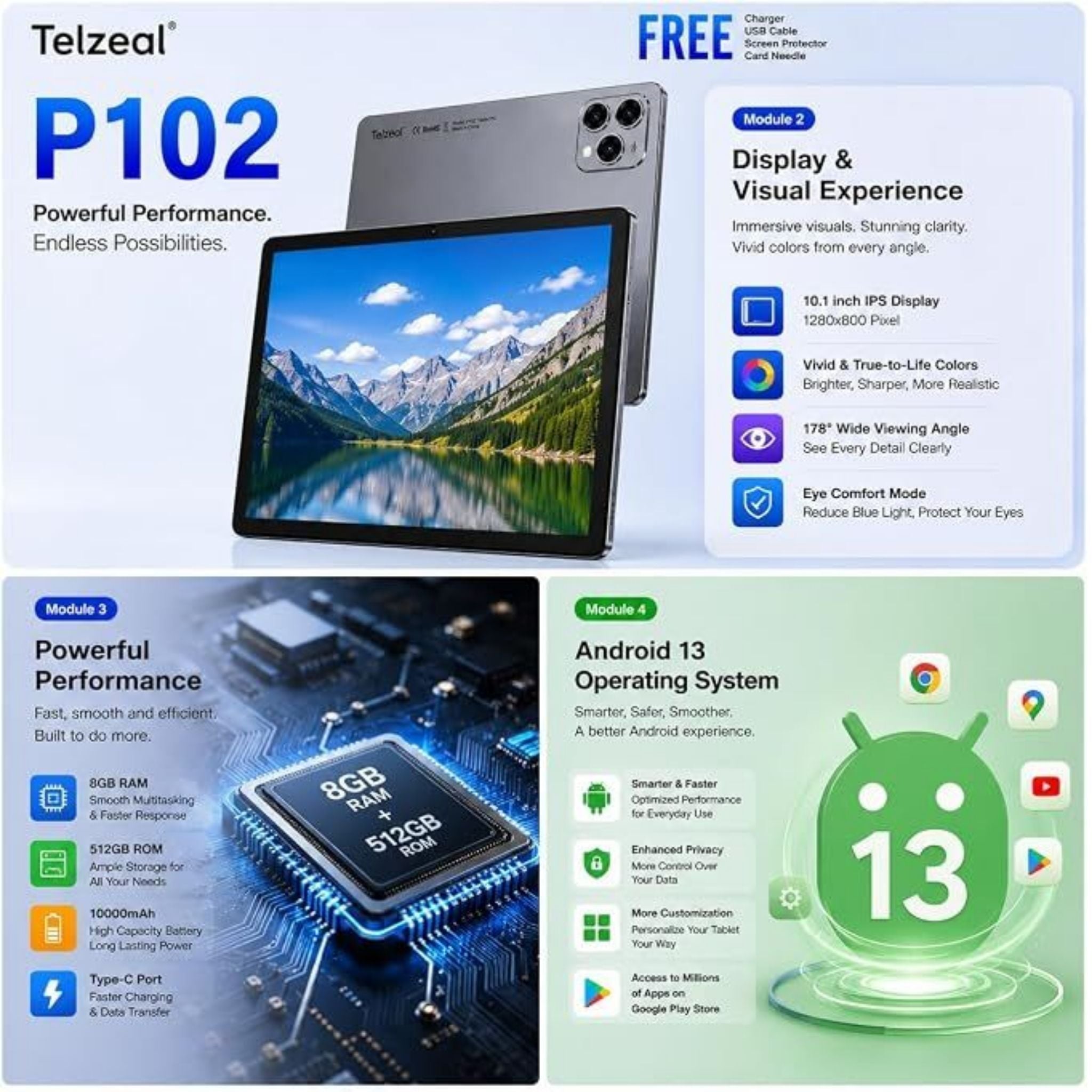 Telzeal P102 Tablet PC 10.1 Inch IPS HD Display, 8GB RAM 512GB Storage, Android 13, Dual SIM, 10000mAh Battery with Keyboard, Mouse & Touch Pen - Black