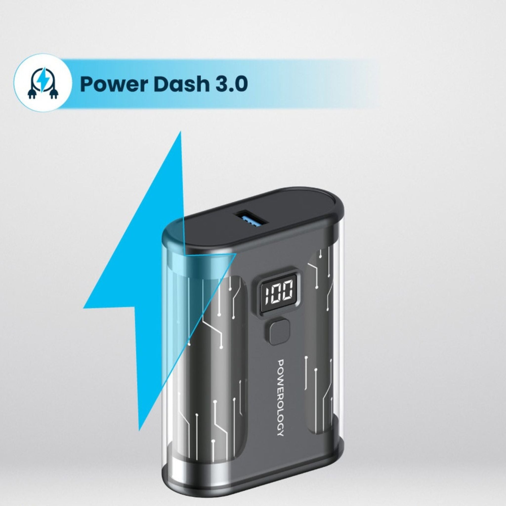 Powerology Crystalline Series Power Bank 10000mAh, 35W PD, Digital Display, USB C & USB-A Outputs, 35W USB-C Input, 35W PD USB-C Output, 18W QC USB-A Output, 22.5W SCP, Portable, Transparent Design - Black