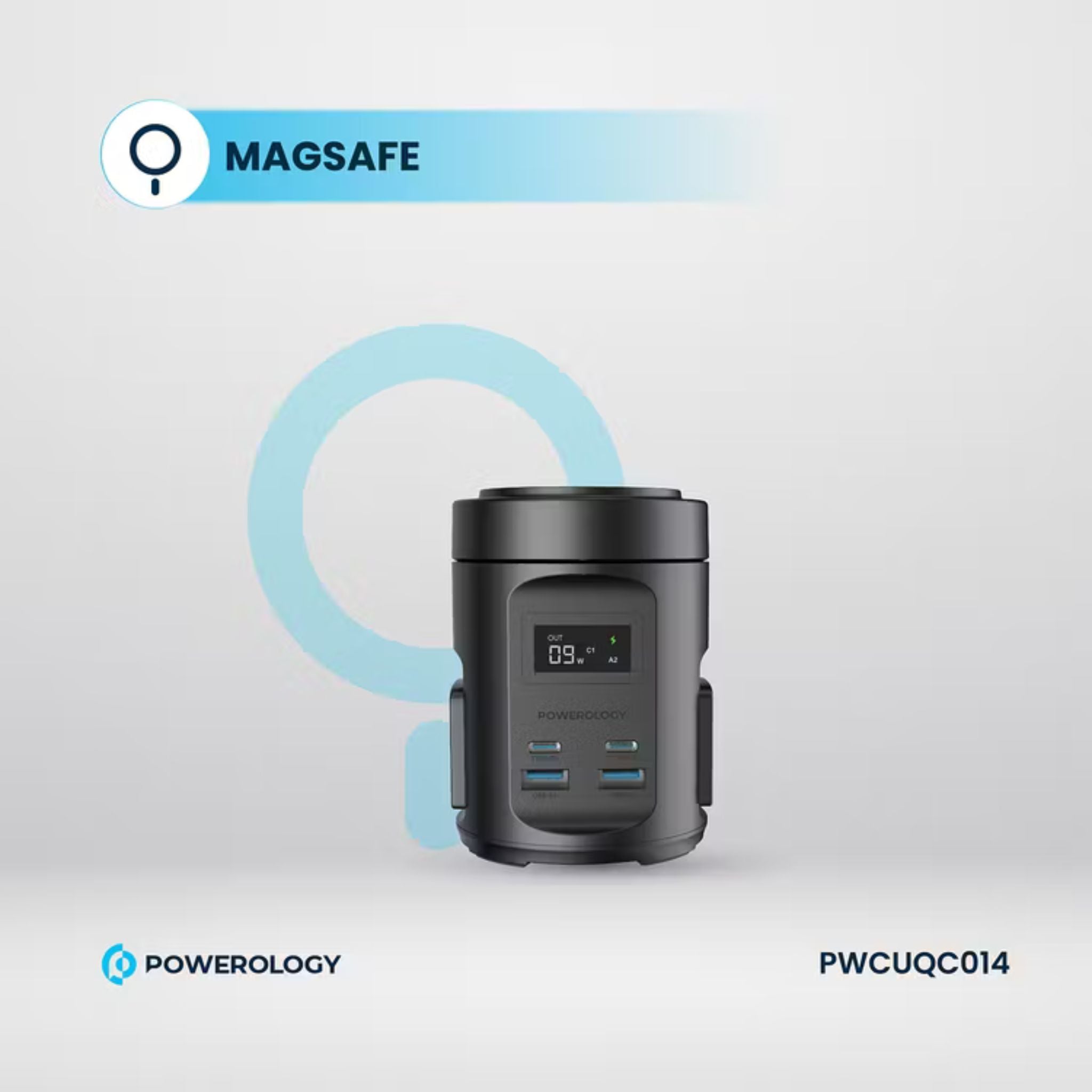 Powerology Magsafe Power Hub with UK Plug, PD 65W, USB-A QC 3.0, Built-in Safeguards, 15W Wireless Charging, 2200W Rated Power - Black