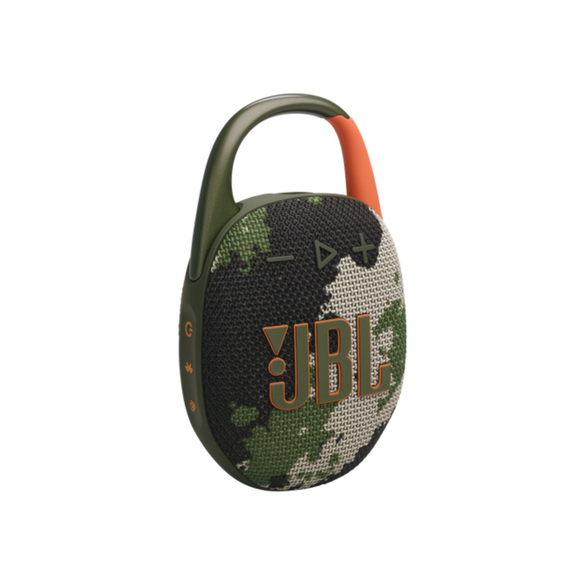 JBL Clip 5 portable waterproof speaker with a camouflage pattern in green, orange, and black colors, featuring an orange loop on top for hanging.