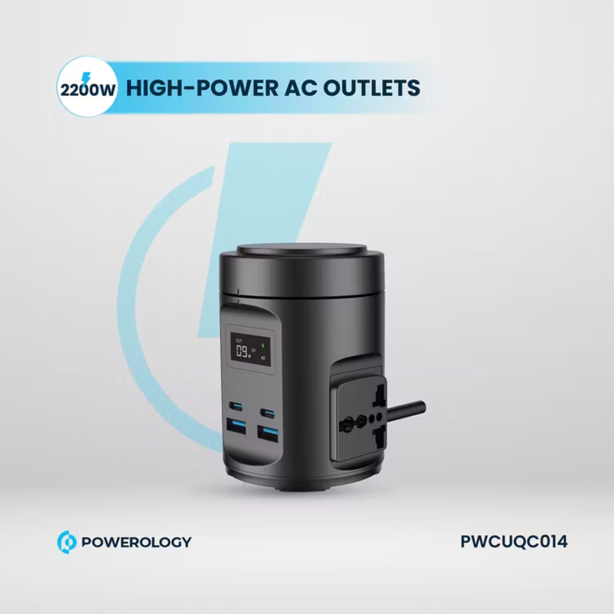 Powerology Magsafe Power Hub with UK Plug, PD 65W, USB-A QC 3.0, Built-in Safeguards, 15W Wireless Charging, 2200W Rated Power - Black