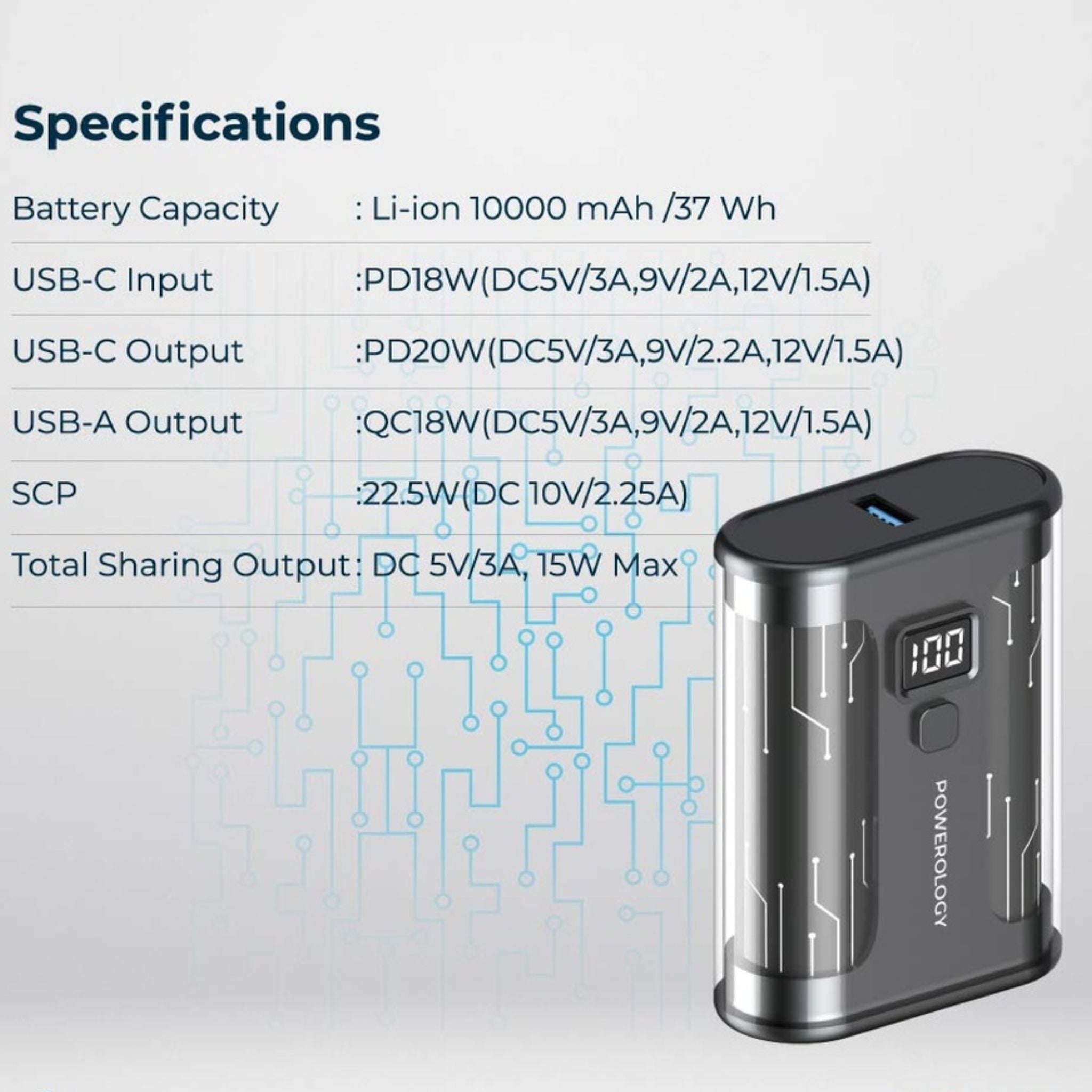 Powerology Crystalline Series Power Bank 10000mAh, 35W PD, Digital Display, USB C & USB-A Outputs, 35W USB-C Input, 35W PD USB-C Output, 18W QC USB-A Output, 22.5W SCP, Portable, Transparent Design - Black