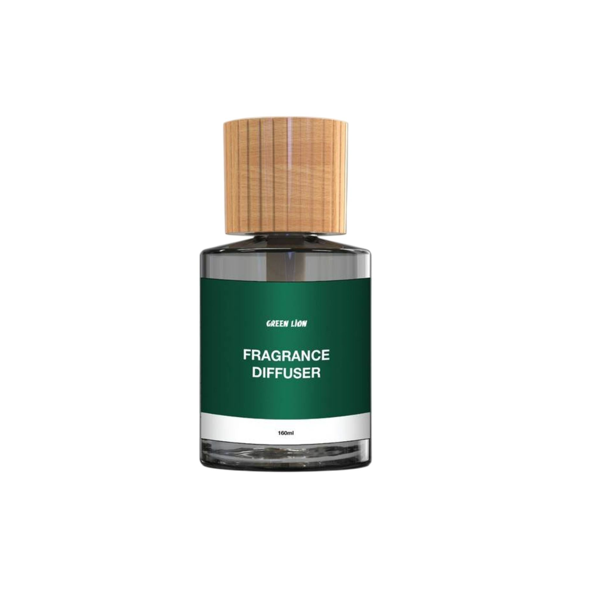 A Green Lion fragrance diffuser with a glass bottle and a wooden lid, labeled 'FRAGRANCE Diffuser', with a capacity of 160ml indicated.
