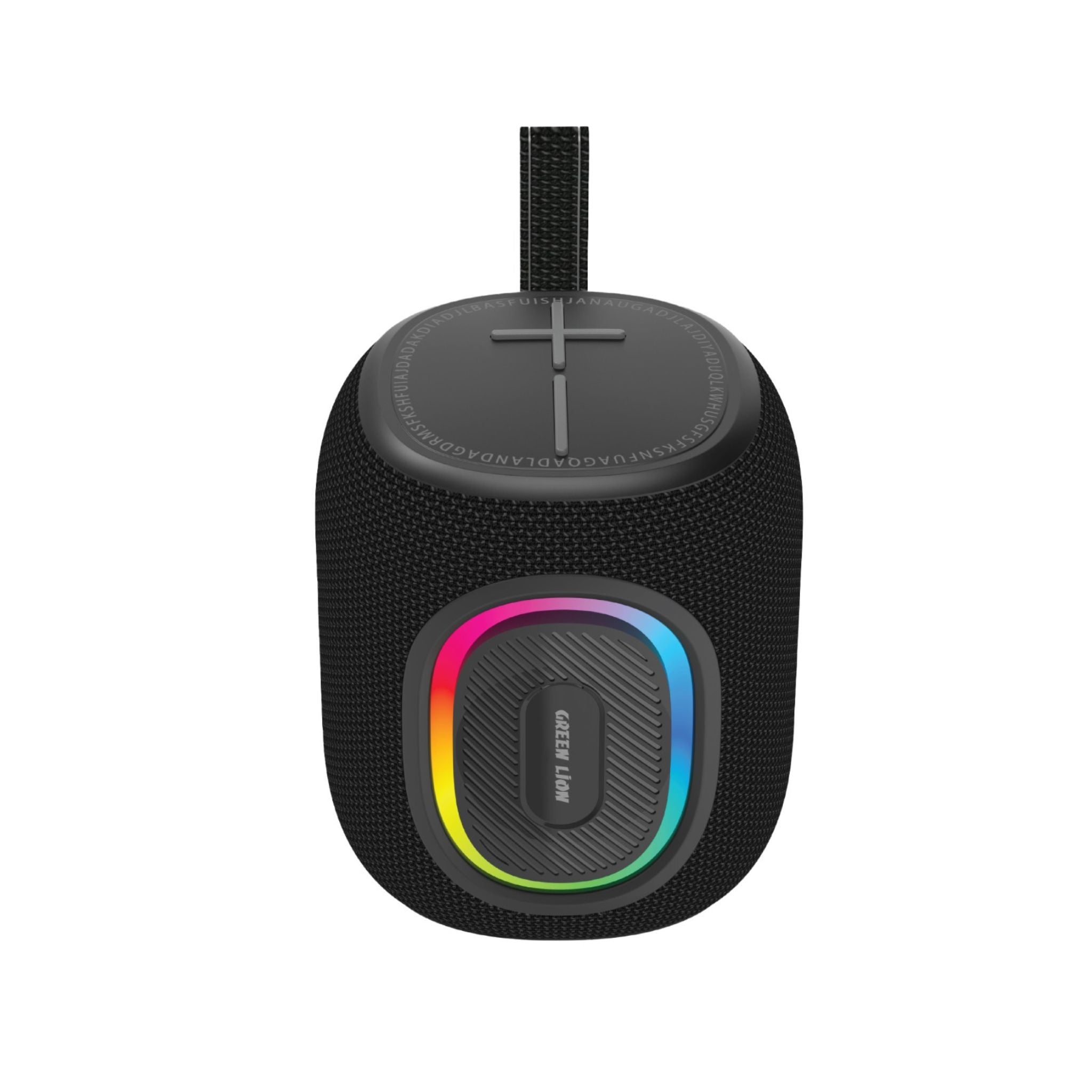 A black wireless speaker with a colorful LED light ring on the front and a cross symbol on top.