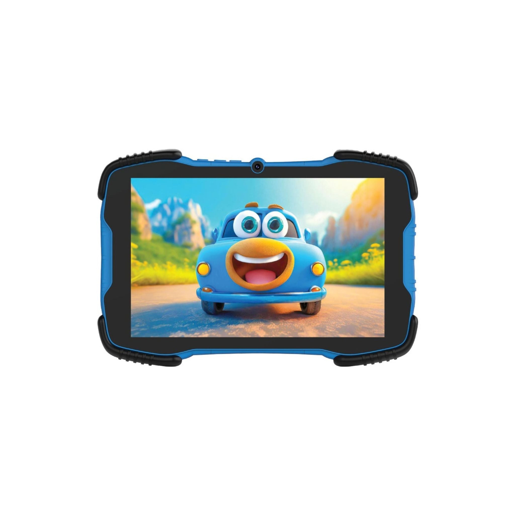 Kids' tablet with a blue case, displaying a colorful cartoon on the screen.
