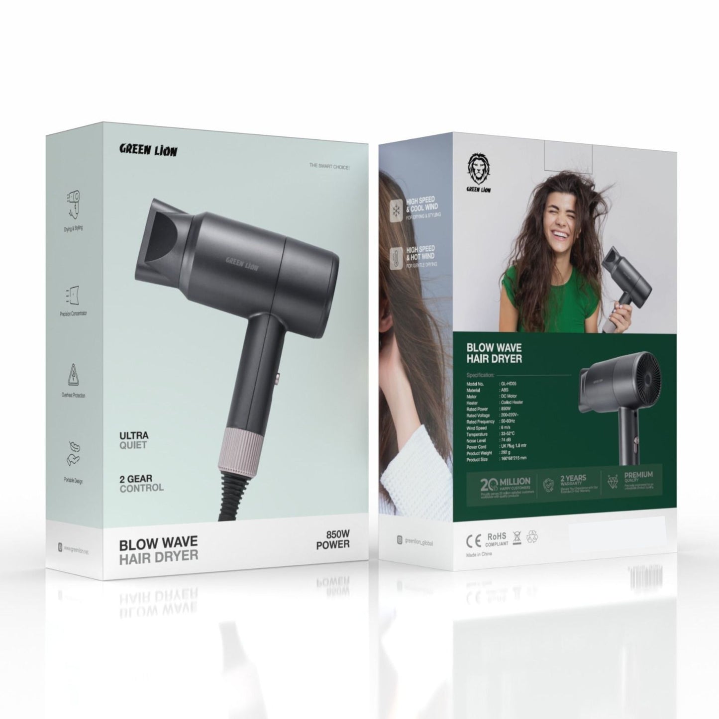 Green Lion Blow Wave Hair Dryer, 850 W Rated Power, 33-52°C Temperature, Drying & Styling, Hot & Cool Wind, Overheat Protection, Ultra Quiet - Gray