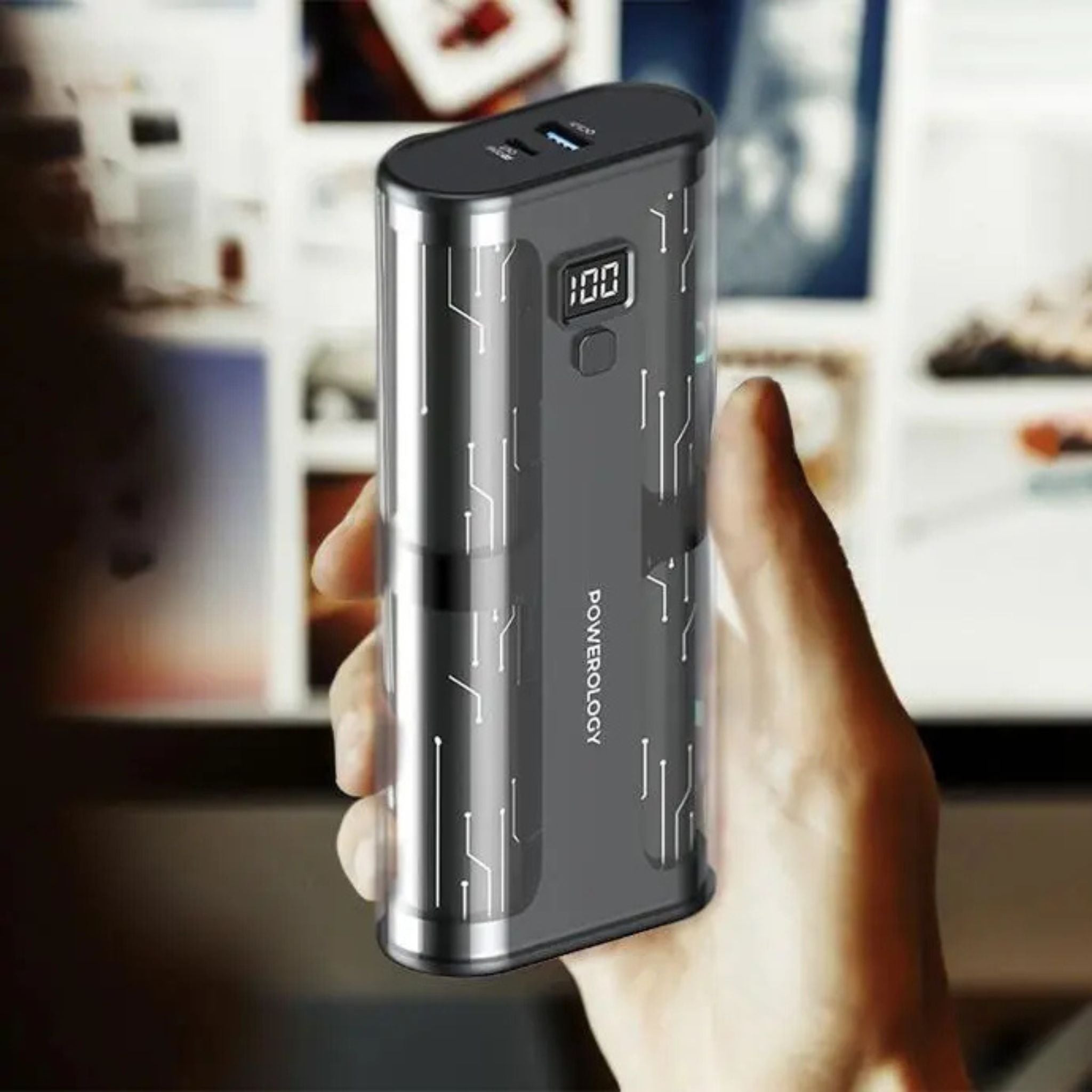 Powerology Crystalline Series Power Bank 10000mAh, 35W PD, Digital Display, USB C & USB-A Outputs, 35W USB-C Input, 35W PD USB-C Output, 18W QC USB-A Output, 22.5W SCP, Portable, Transparent Design - Black