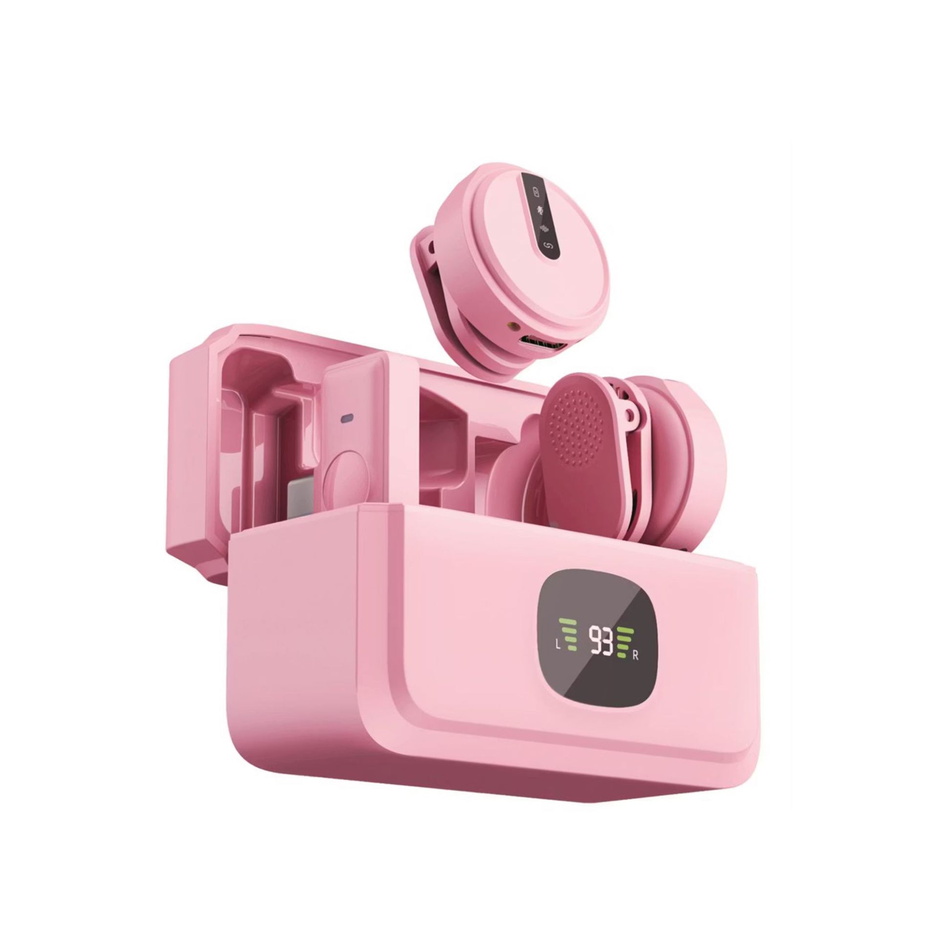Pink wireless earbuds with charging case on a white background