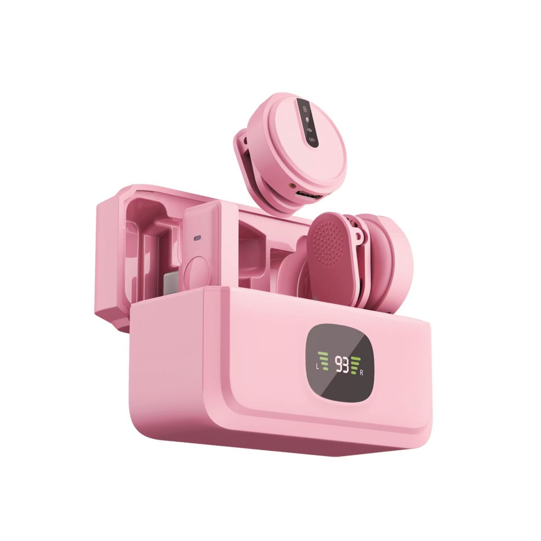 Pink wireless earbuds with charging case on a white background