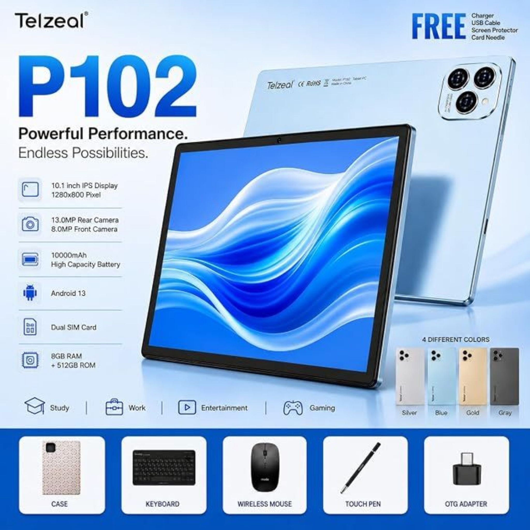 Telzeal P102 Tablet PC 10.1 Inch IPS HD Display, 8GB RAM 512GB Storage, Android 13, Dual SIM, 10000mAh Battery with Keyboard, Mouse & Touch Pen - Blue