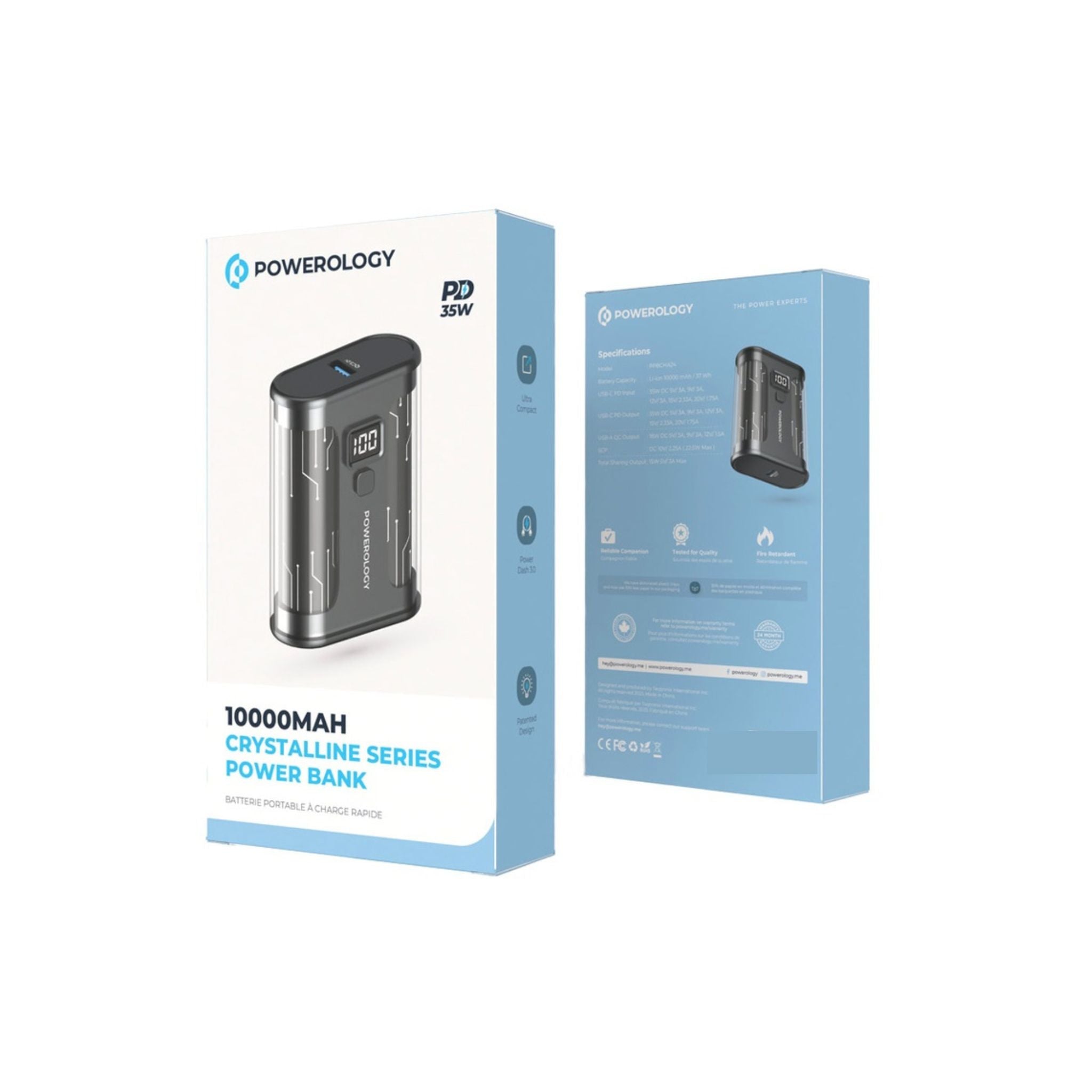 Powerology Crystalline Series Power Bank 10000mAh, 35W PD, Digital Display, USB C & USB-A Outputs, 35W USB-C Input, 35W PD USB-C Output, 18W QC USB-A Output, 22.5W SCP, Portable, Transparent Design - Black