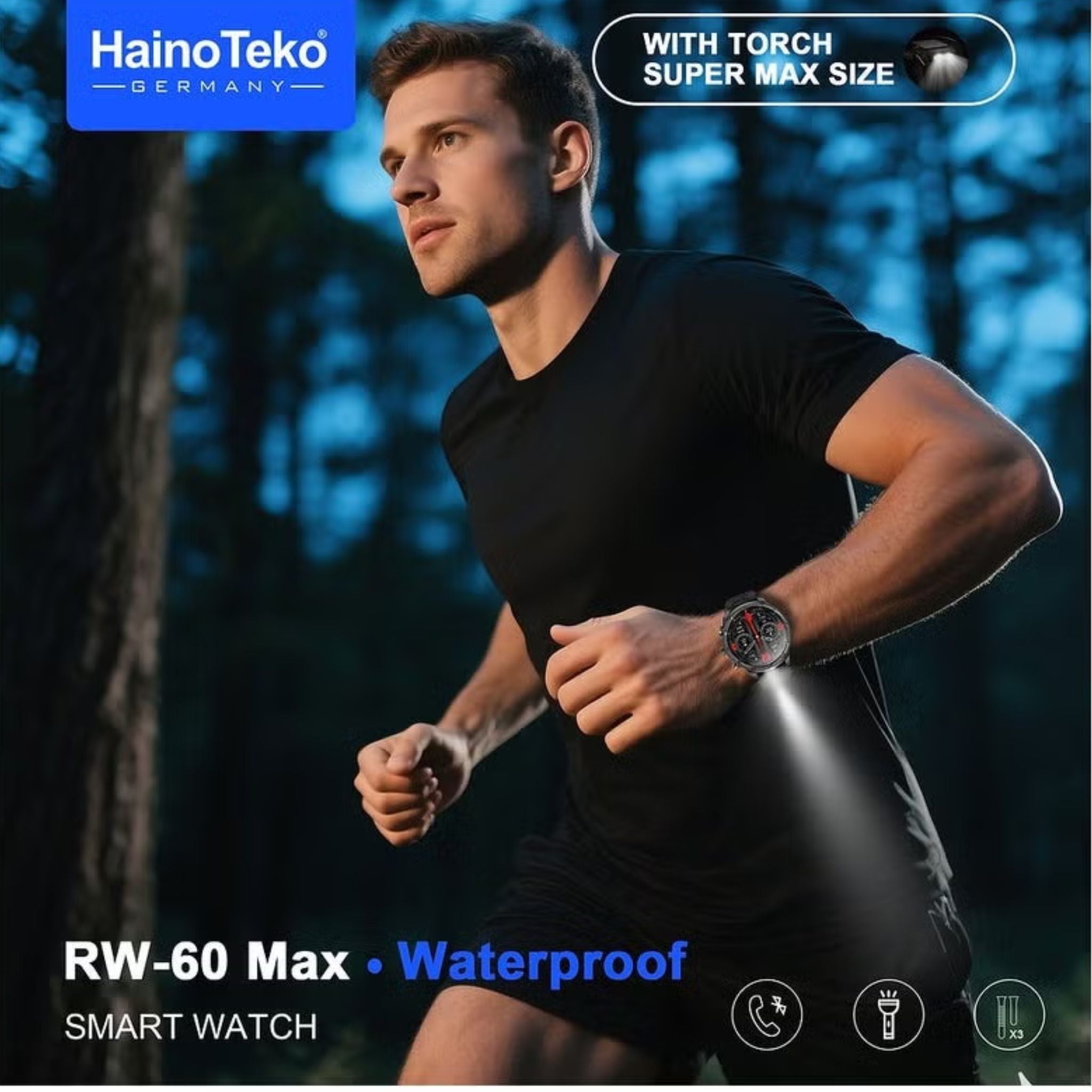 HainoTeko RW-60 Max Waterproof Smartwatch With AMOLED Display LED Torch Light and 3 Pair Straps Designed for Men -  Black