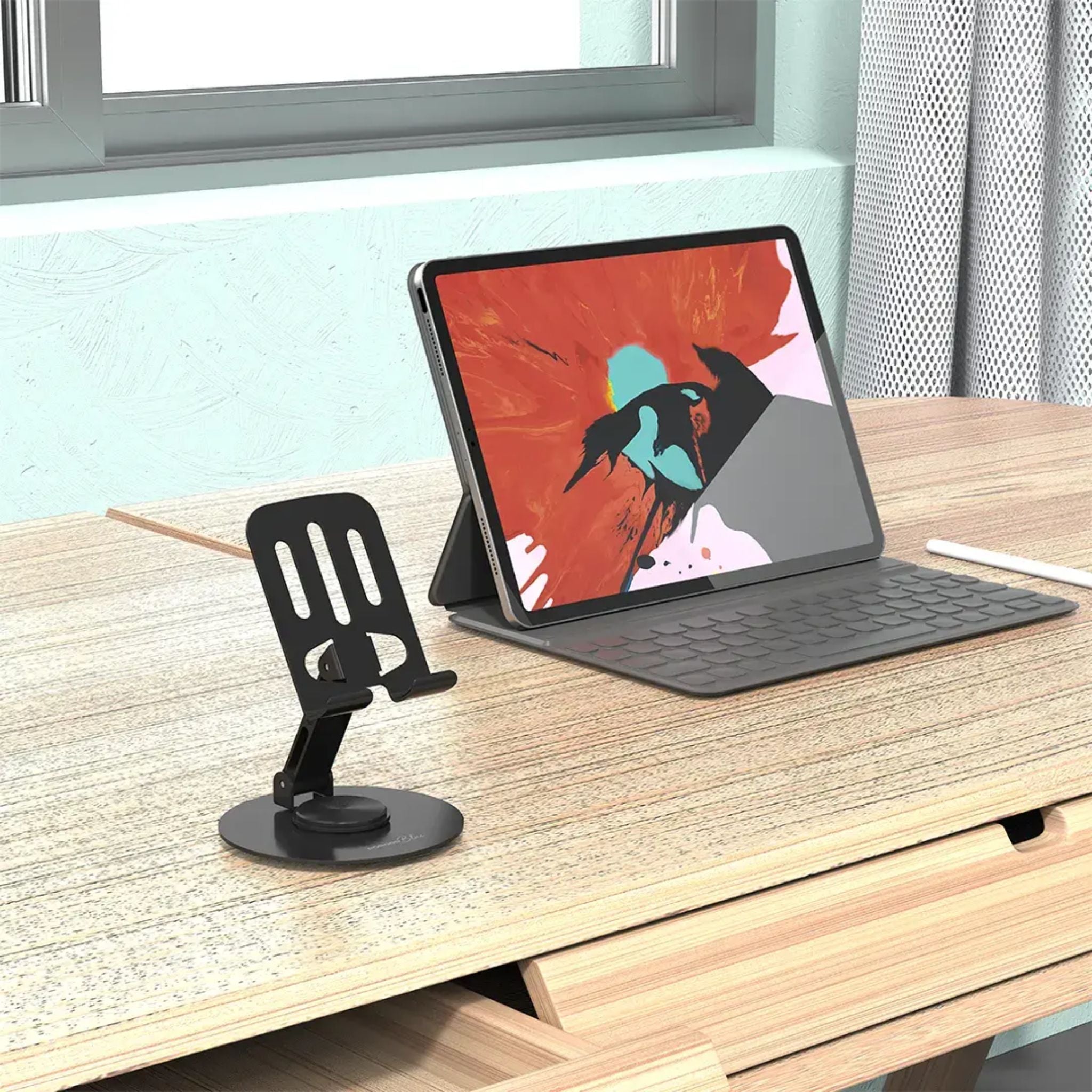 Porodo Blue Desktop Phone Holder with 360° Rotating Base, Foldable Adjustable Arm, Stable Non-Slip Base, Aluminum Alloy & Carbon Steel Build, Universal Compatibility for Horizontal & Vertical Viewing – Black