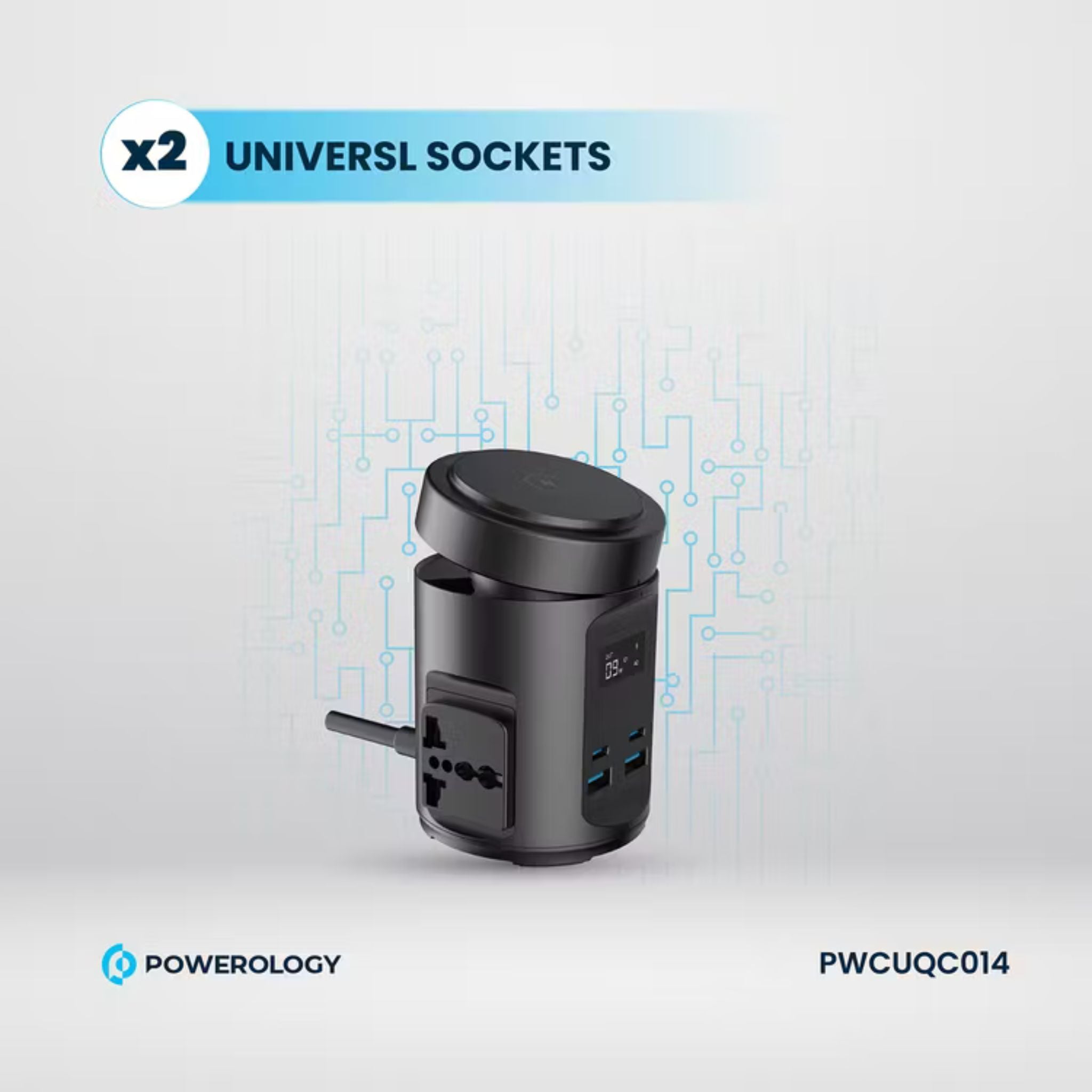 Powerology Magsafe Power Hub with UK Plug, PD 65W, USB-A QC 3.0, Built-in Safeguards, 15W Wireless Charging, 2200W Rated Power - Black