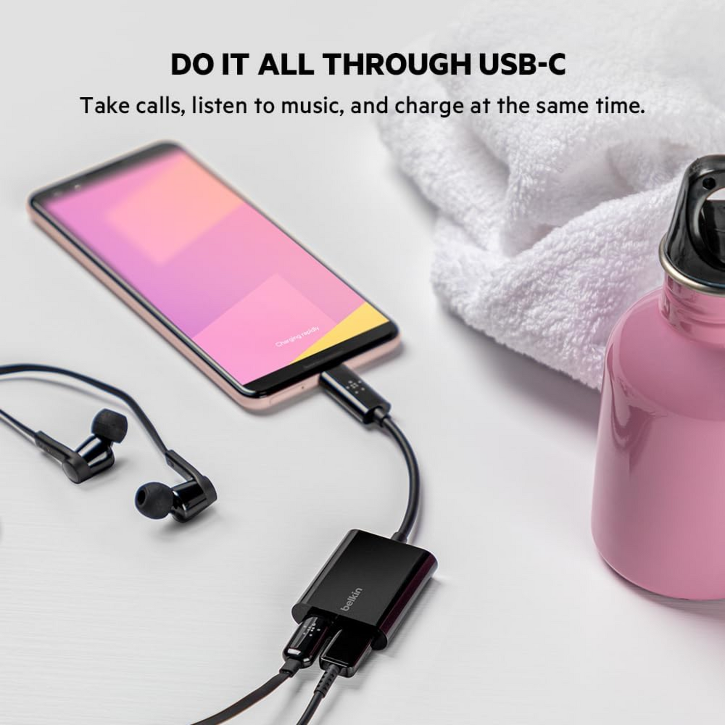 Belkin RockStar 3.5mm Audio + USB-C Charge Adapter, Headphone Adapter w/ USB-C 60W Power Delivery Fast Charging for iPhone 15, iPad Pro, Galaxy, Note, Google Pixel, LG, Sony Xperia and More - Black