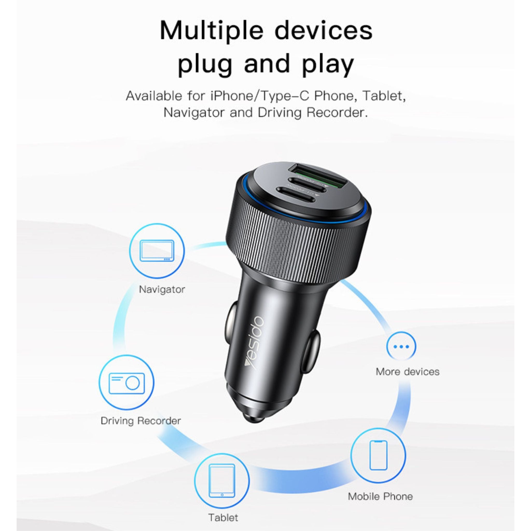 Yesido Y50 Car Charger | Type-C*2 + USB*1 3Ports Fast Charging Car Charger