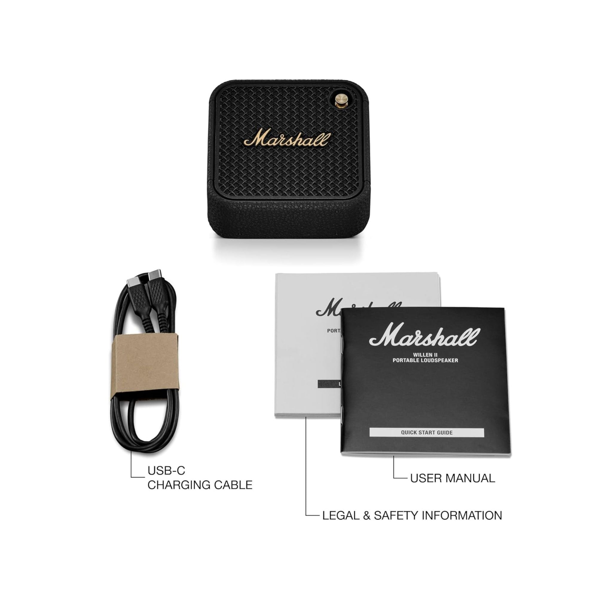 Marshall Willen II Compact Portable Wireless Speaker with Bluetooth Version 5.3, Water Resistant, Fast Charging, 17 Hours Play Time, 2.5 Hours Charging Time, Type-C Charging Port, Built-in Microphone, Lightweight Design - Black / Brass
