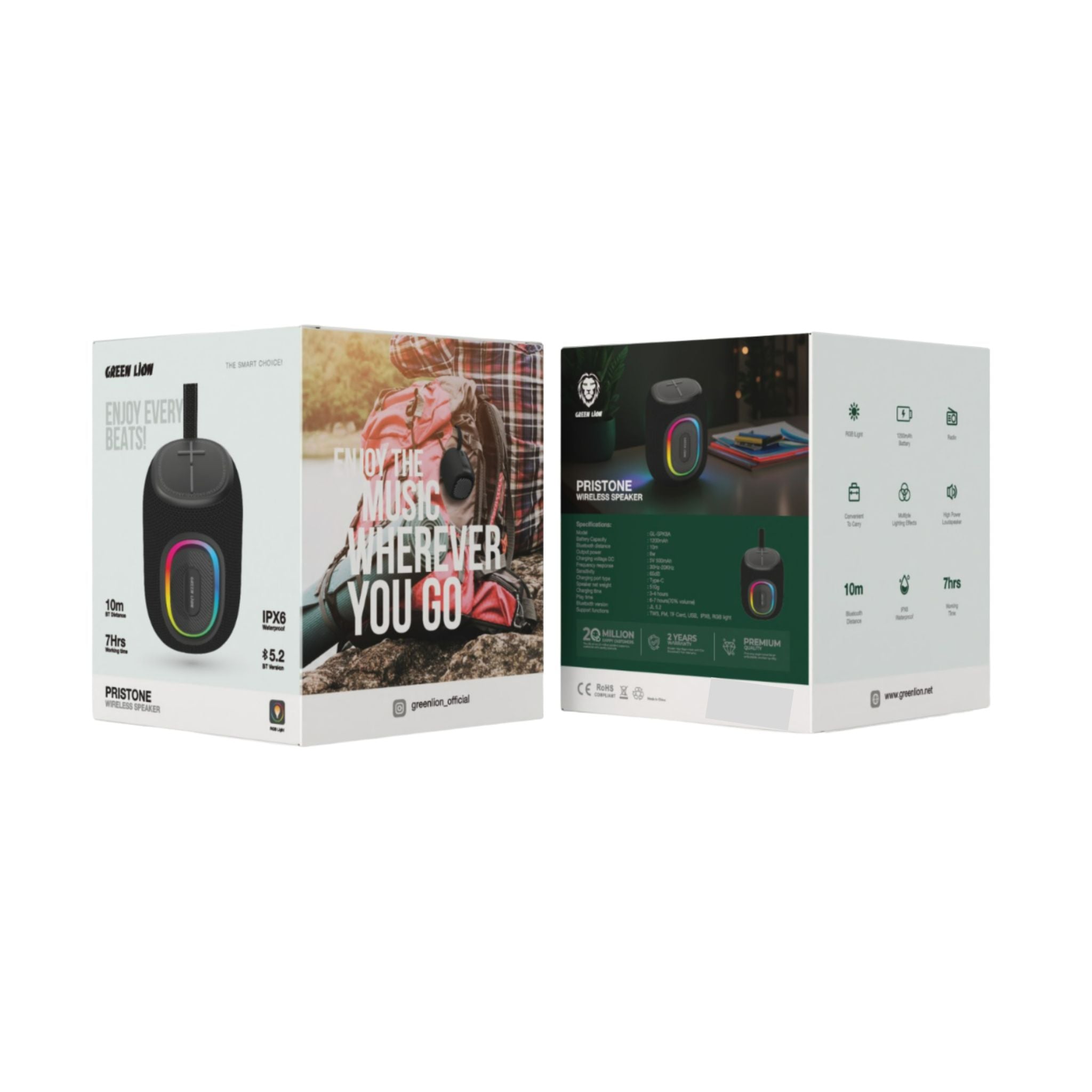 Green Lion Pristone Wireless Speaker, 1200mAh Battery Capacity, 6-7 Hours Play Time, Type-C Charging Port, Waterproof, RGB Light & Multiple Lighting Effects, 10m Bluetooth Distance - Black