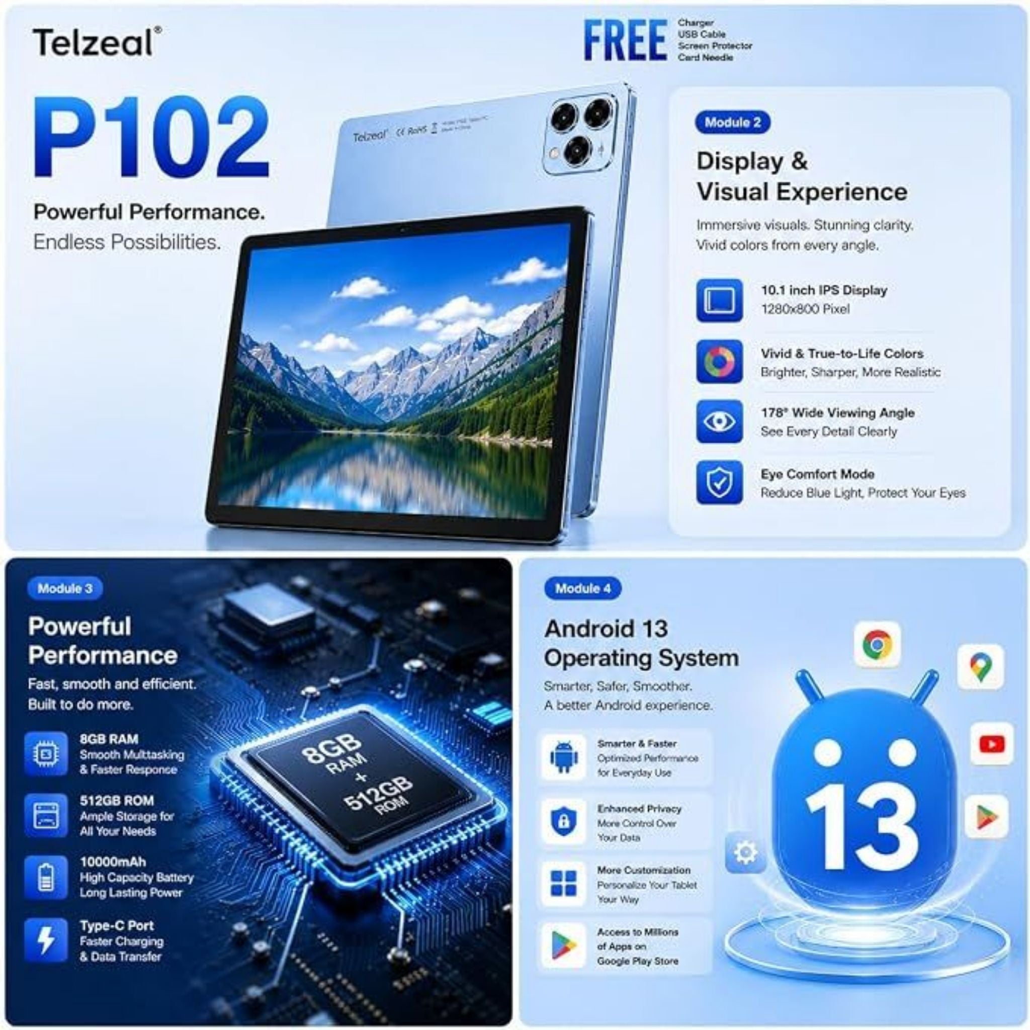 Telzeal P102 Tablet PC 10.1 Inch IPS HD Display, 8GB RAM 512GB Storage, Android 13, Dual SIM, 10000mAh Battery with Keyboard, Mouse & Touch Pen - Blue