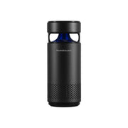 A black Powerology Portable Mini Air Purifier with a visible blue LED light band, featuring a cylindrical design with a handle on the top.