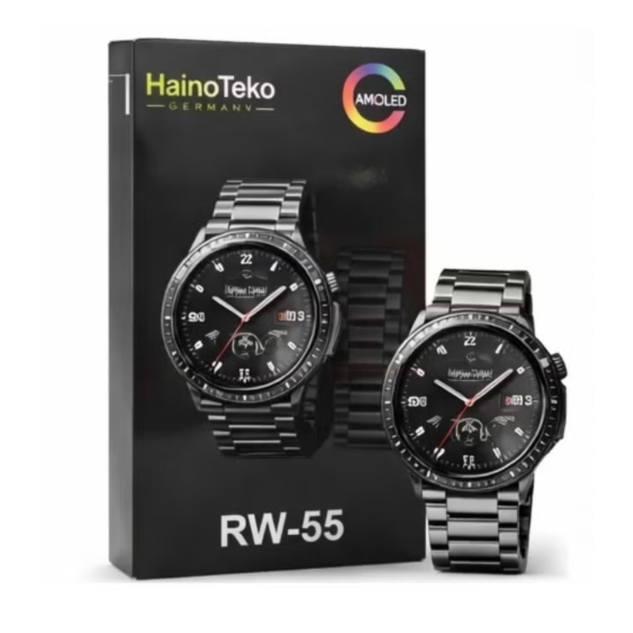 HainoTeko RW-55 Smart Watch – AMOLED Display – Classic Analog Design – 3 Straps Included – Bluetooth Calling – Fitness Tracking – For Android & iOS - Black