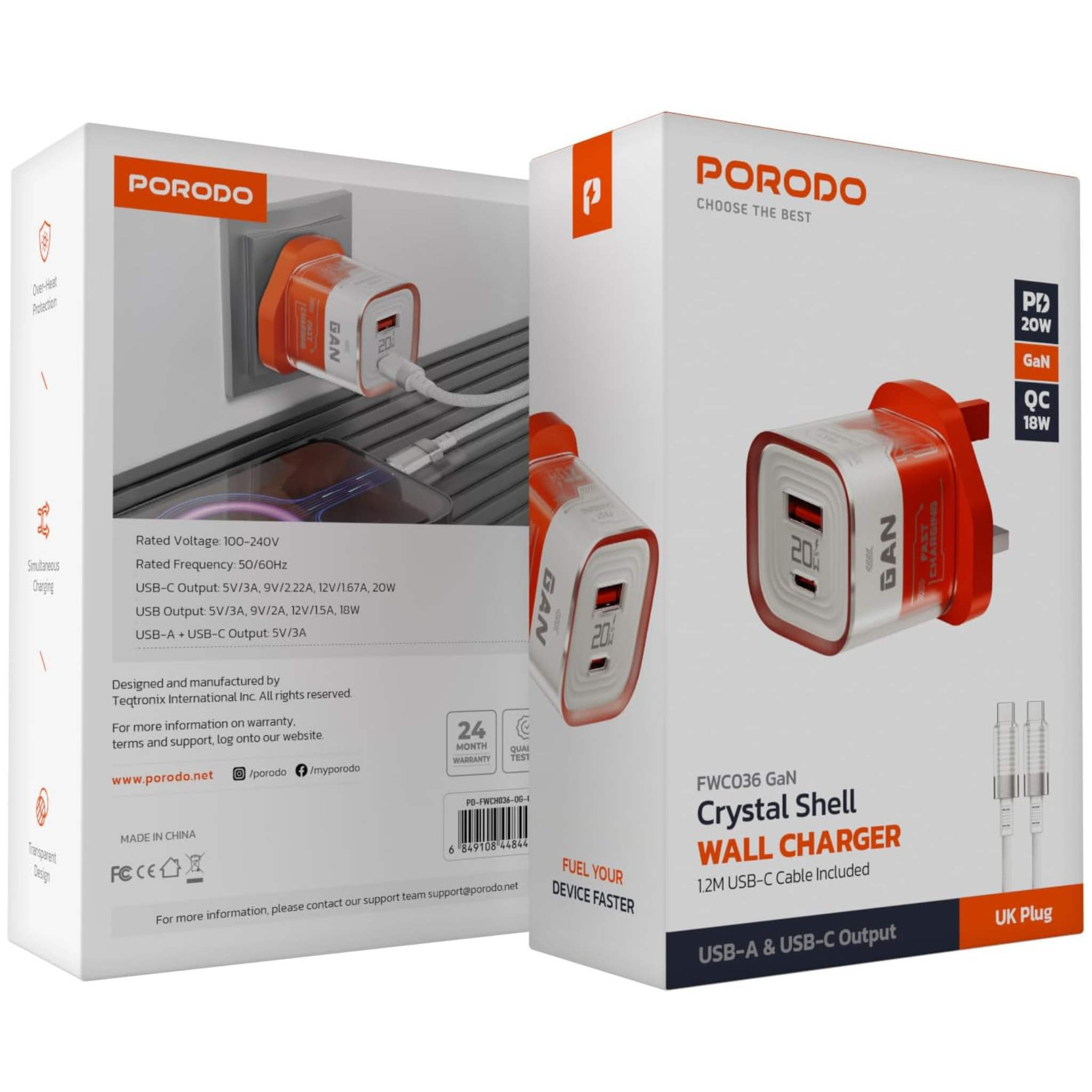 Porodo Crystal Shell GaN Wall Charger with 20W Power Delivery, Simultaneous Charging, Overheat Protection, 18W USB-A Output - Orange