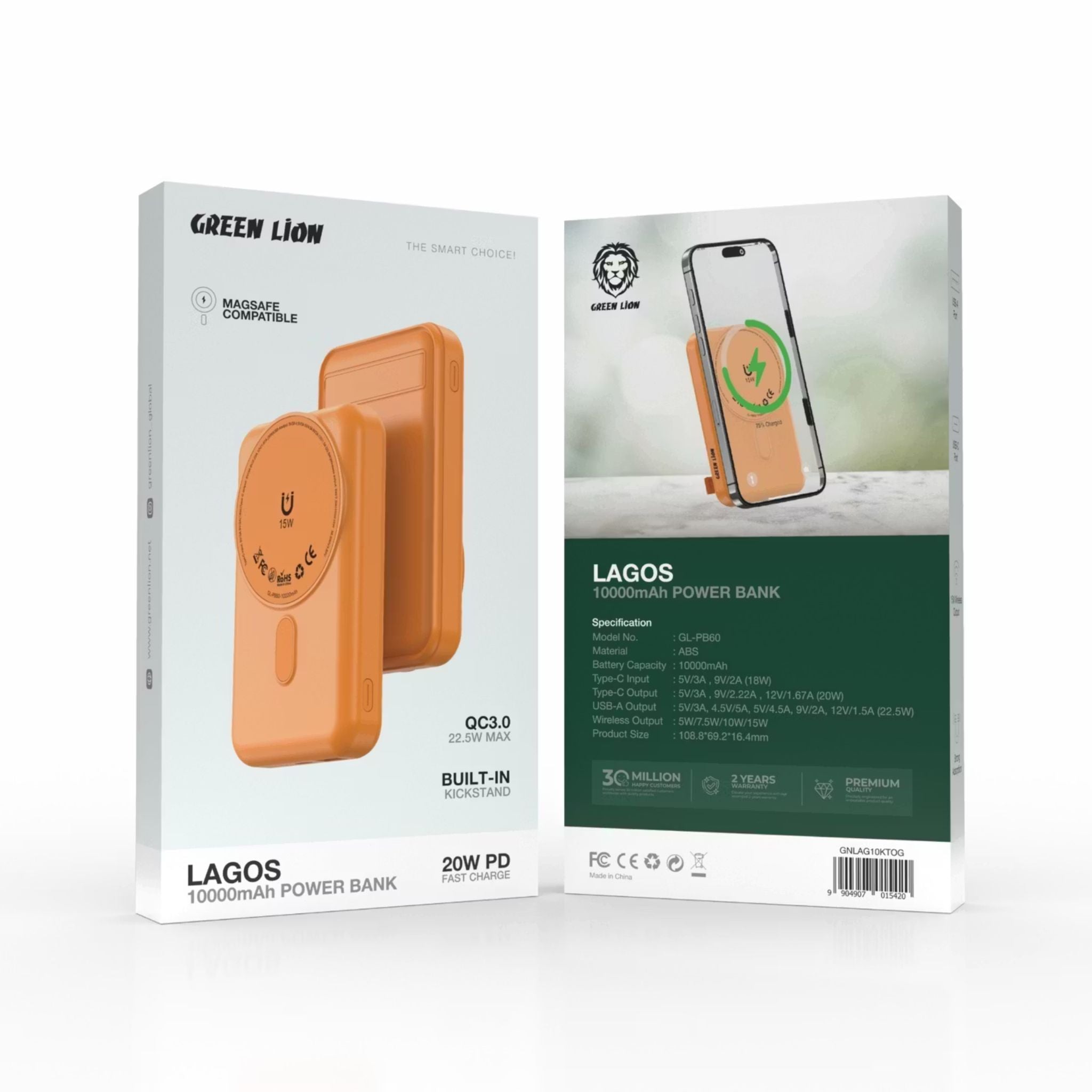 Green Lion Lagos 10000mAh Power Bank with PD 20W, MagSafe Compatible, Strong Adsorption, Built in Stand, Compact & Portable - Orange