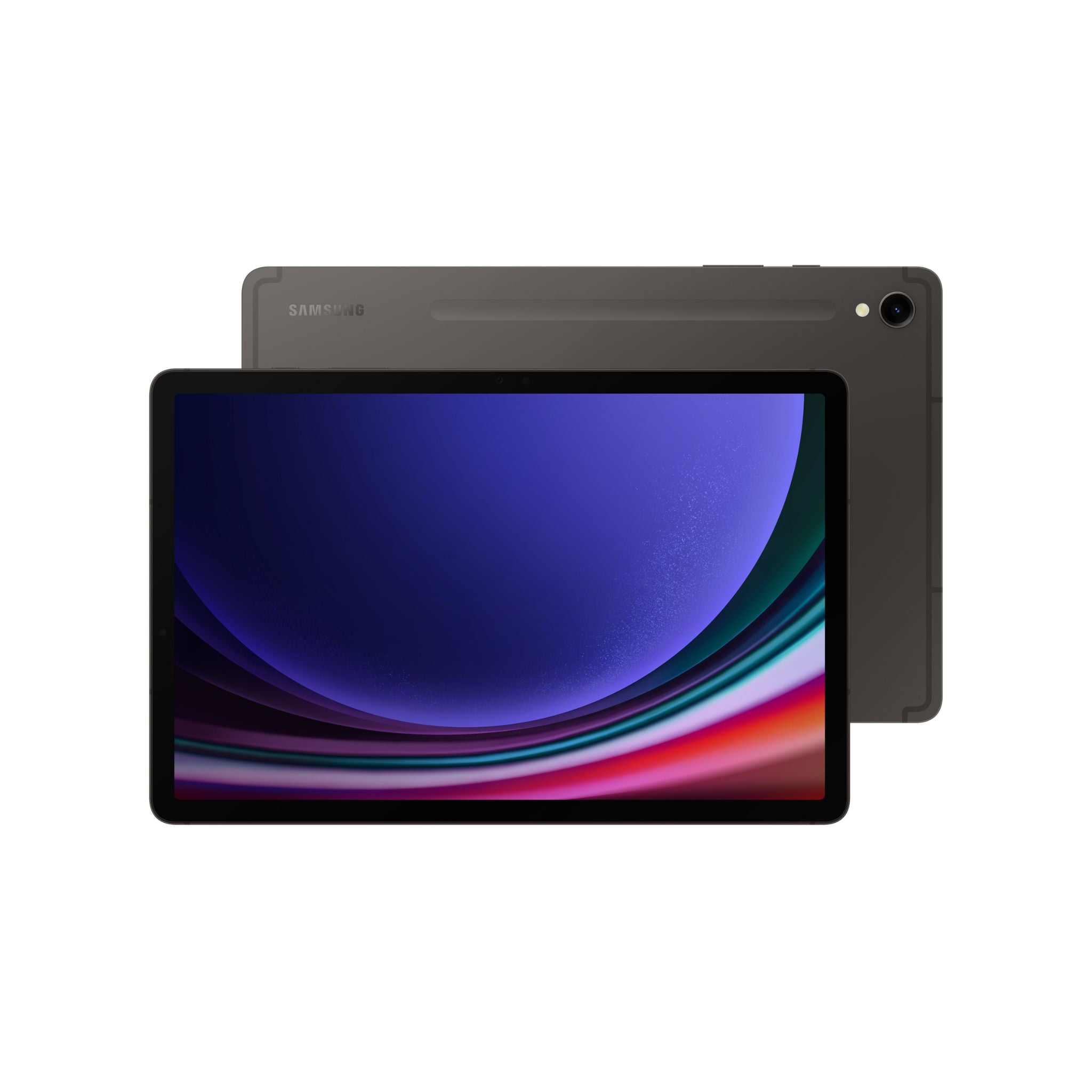 Tablet with colorful display and black case on a white background