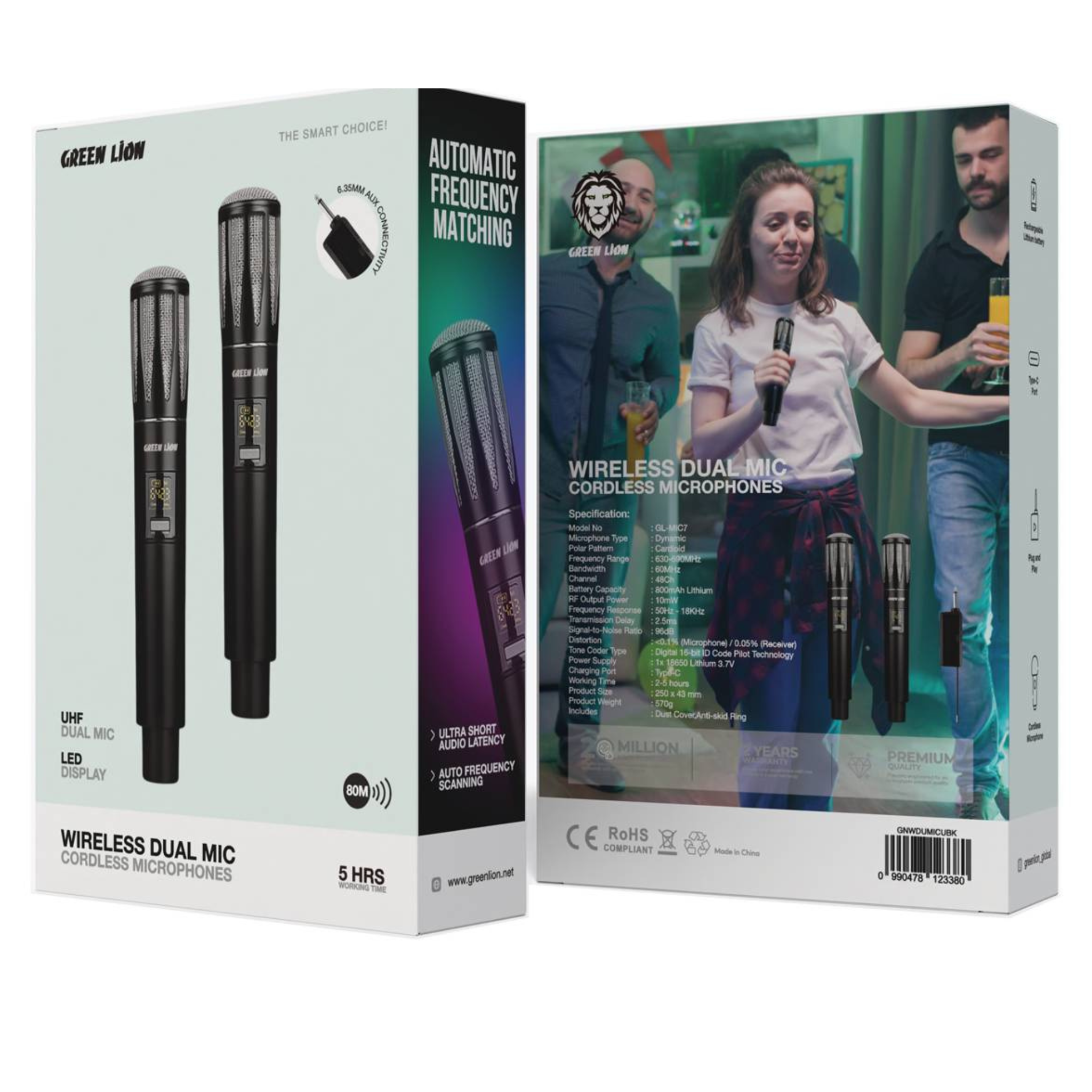 GREEN LION Wireless Dual Cordless Dynamic Microphones with 800mAh Battery Capacity, Rechargeable Lithium Battery, Type-C Charging Port, 2-5 Hours Working Time, LCD Display, Plug & Play - Black