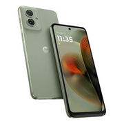 A Motorola G55 5G smartphone in Smoky Green color, showing the front screen display and rear camera setup.