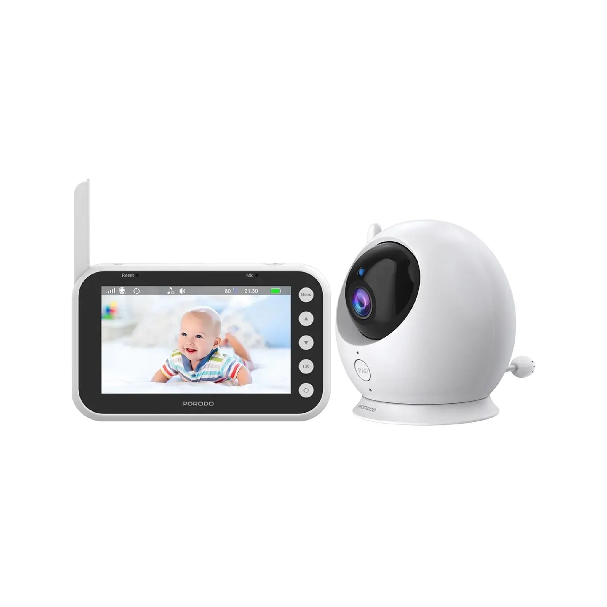 Porodo Lifestyle Lumi Baby Smart Monitor with Camera, 4.3" Display, 720P HD Video, Night Vision, 2.4GHz FHSS Connection, Two-Way Audio, VOX Mode, Crying Alarm, Temperature Detection, Feeding Reminder, 8 Lullabies, 2000mAh Battery, USB-C – White