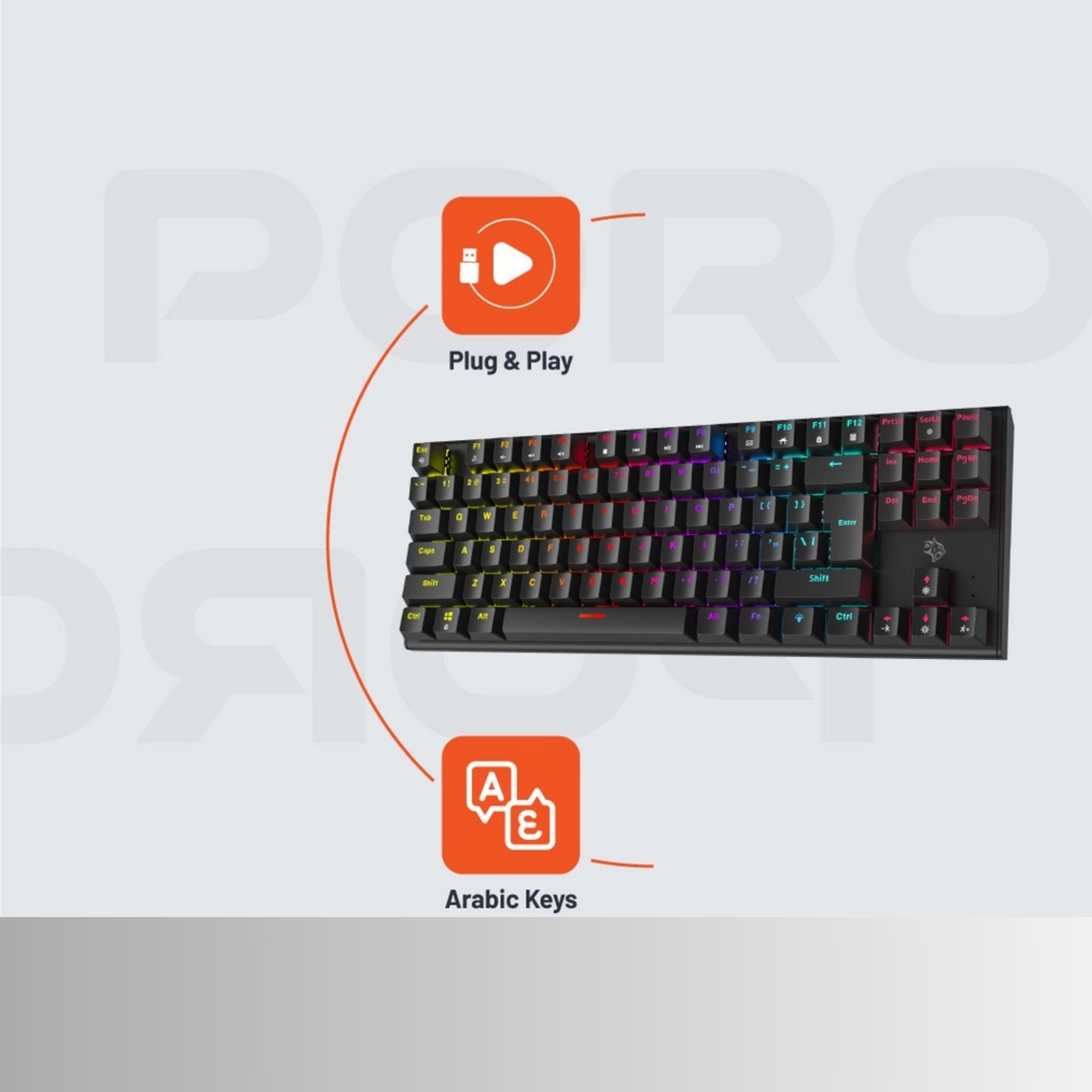 Porodo Gaming TKL Mechanical Keyboard with 12 RGB Light Modes, 25 Anti-Ghosting Keys, 50 Million Clicks Lifespan, 1.5m PVC Cable, Plug & Play, English & Arabic Keys - Black