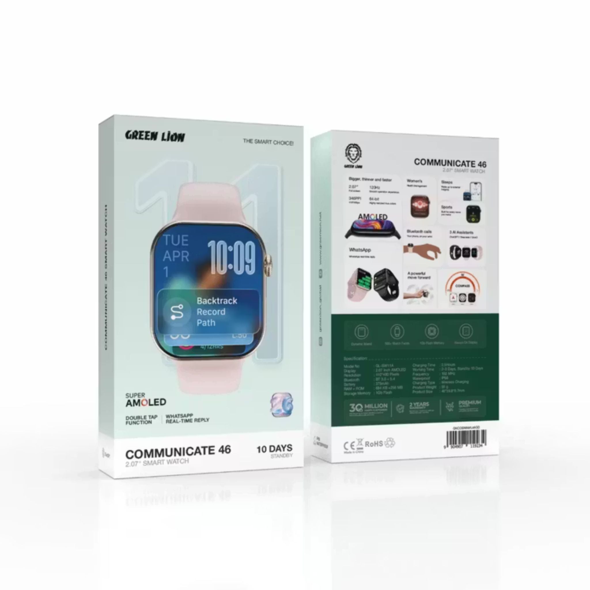 Green Lion Communicate 46mm Smartwatch, 2.07” Super AMOLED Display, 375mAh Battery, 1GB Flash Storage, IP68 Waterproof, Bluetooth 3.0+5.4, Wireless Charging, Dynamic Island, Always-On Display, 500+ Watch Faces, 2–3 Days Use, 10-Day Standby - Gold