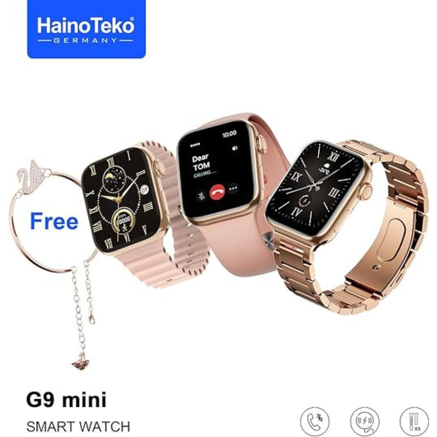 Germany G9 Mini Rose Gold Edition Ladies Smart Watch with Three Set Strap and Stylish Bracelet Combo