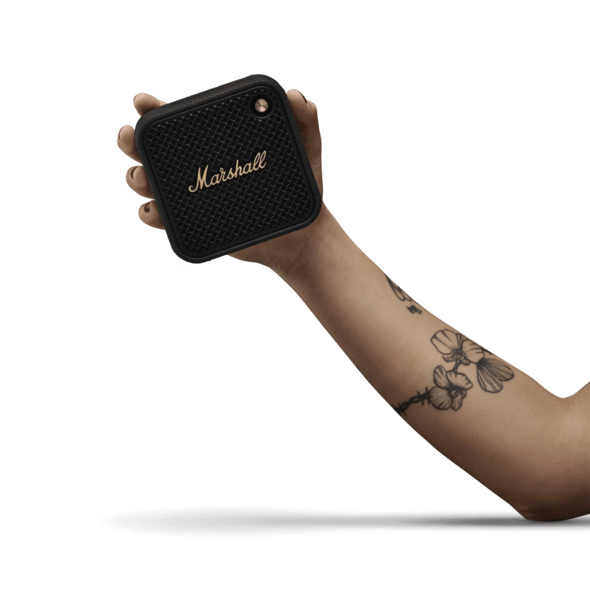 Marshall Willen II Compact Portable Wireless Speaker with Bluetooth Version 5.3, Water Resistant, Fast Charging, 17 Hours Play Time, 2.5 Hours Charging Time, Type-C Charging Port, Built-in Microphone, Lightweight Design - Black / Brass
