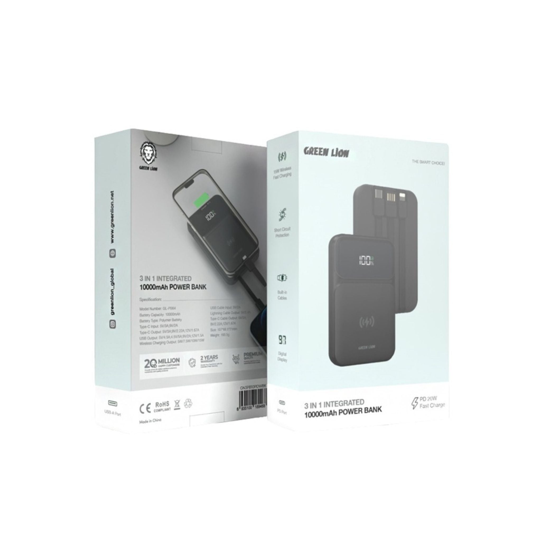 Green Lion 3 in 1 Integrated 10000mAh Power Bank with 15W Wireless Fast Charger - Black