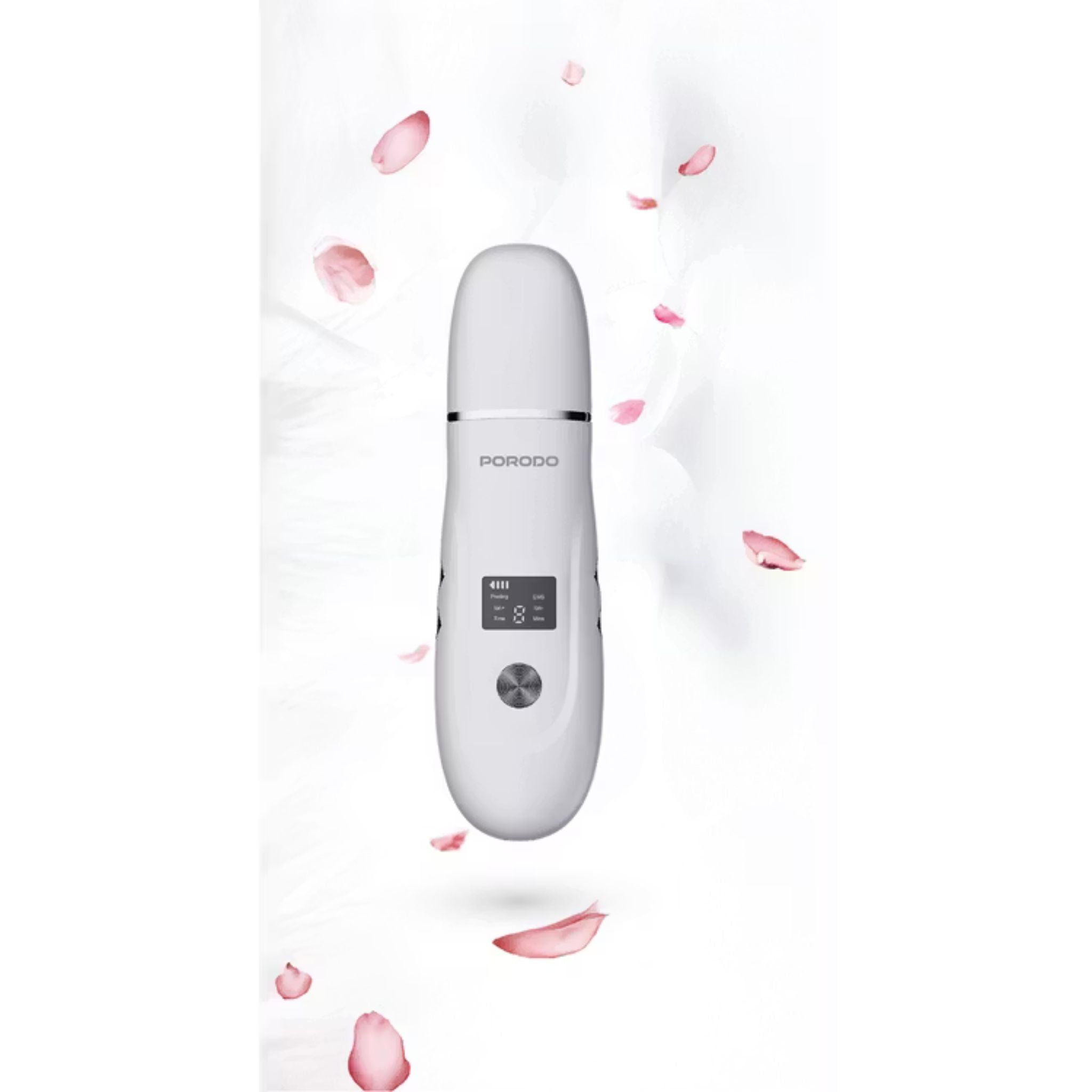 Porodo Lifestyle Ultrasonic Face Scrub & Peeler with LED Display, USB-C Charging, Cleanse, Exfoliate & Revitalize, Easy to Use, 150 Minutes Charging Time - White